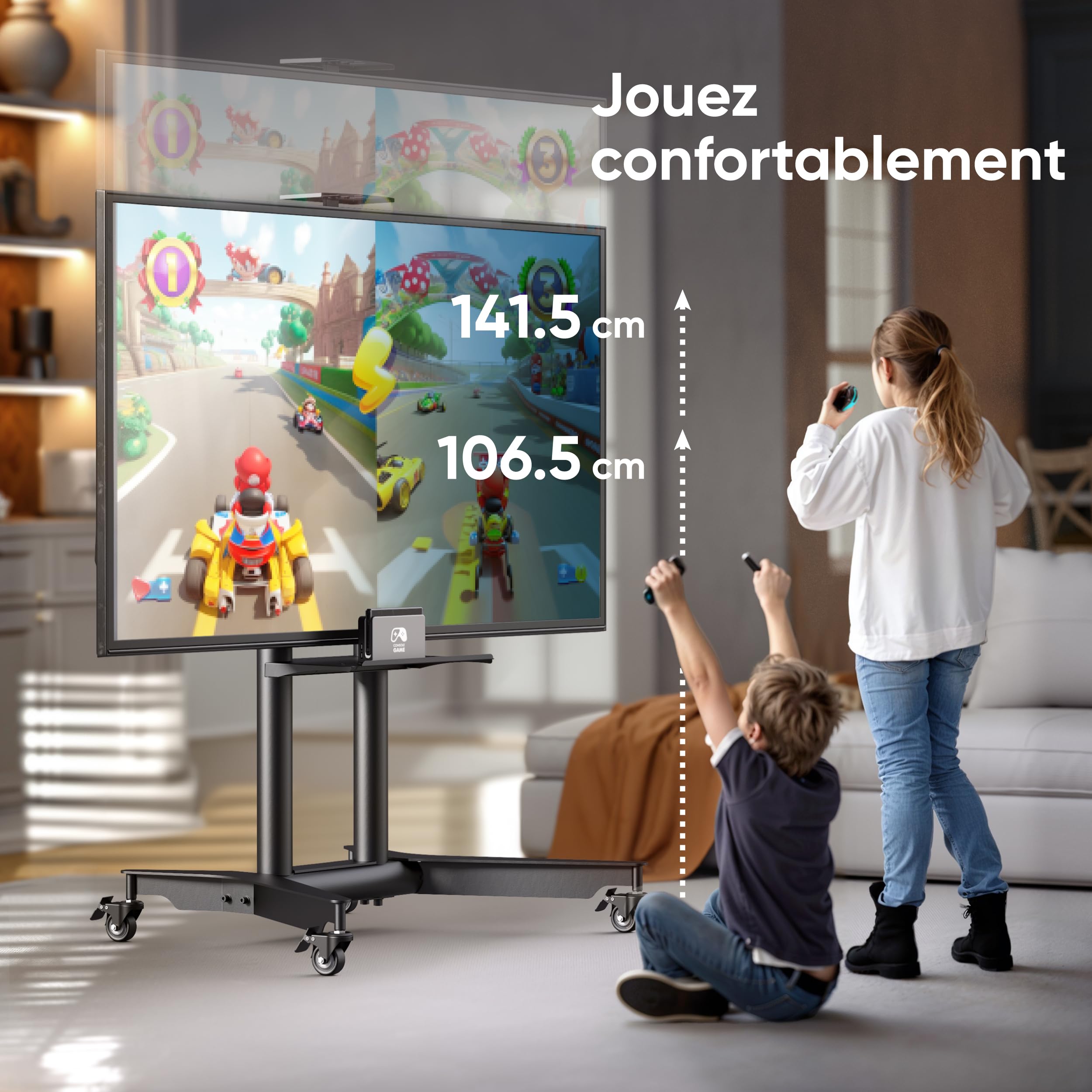 ONKRON Support TV Mobile pour 32-75 Pouces, Chariot Tele Roulant Charge Max de 60 kg, Support TV sur Pied avec roulettes VESA 200x200-600x400, Meuble TV sur Pied Hauteur Réglable Noir TS1571-B