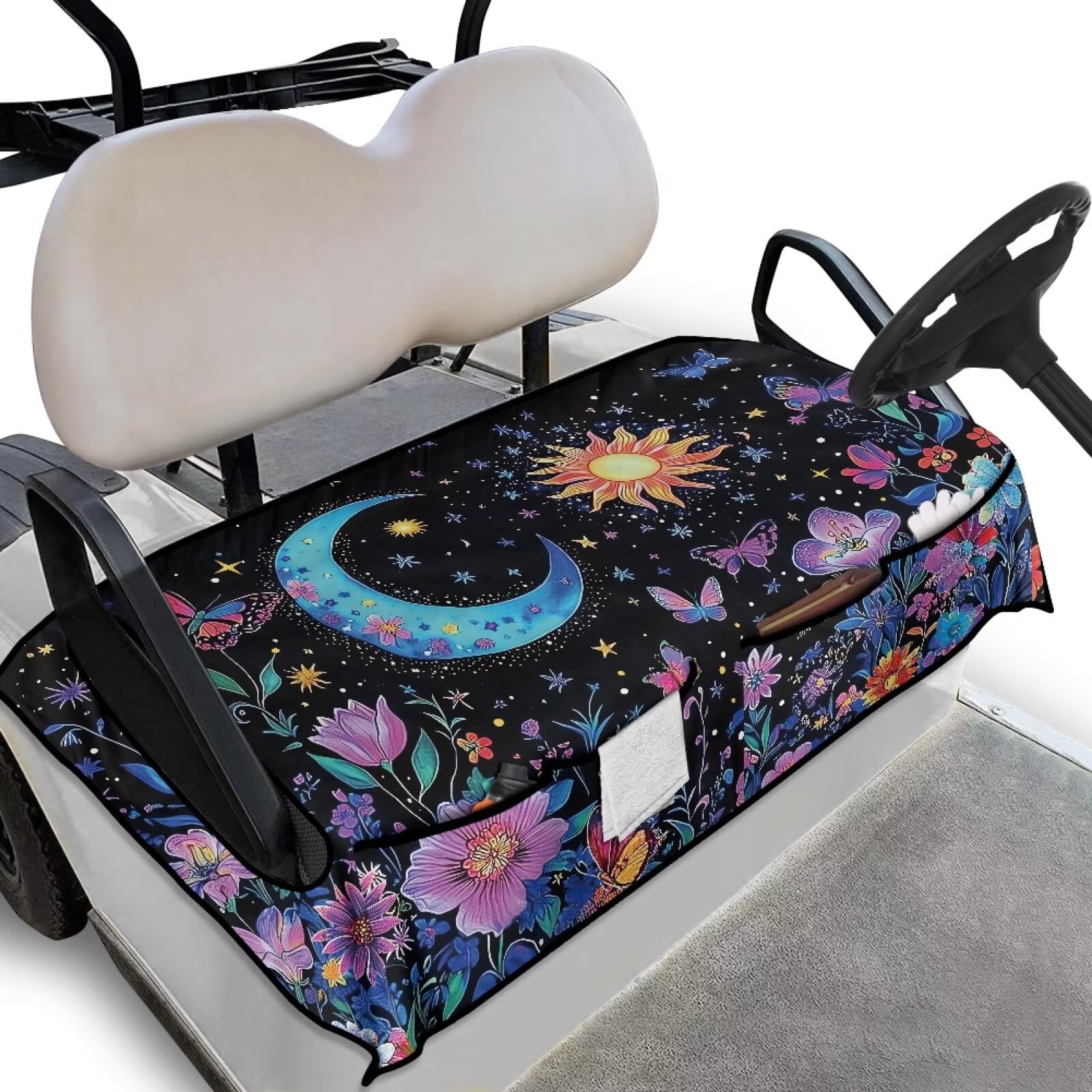 Biyejit Moon Mushroom Golf Cart Seat Covers with 2 Pockets Breathable Golf Buggy Seat Protecter Golf Cart Decoration for 2-Person Seats Club Easy Install and Clean