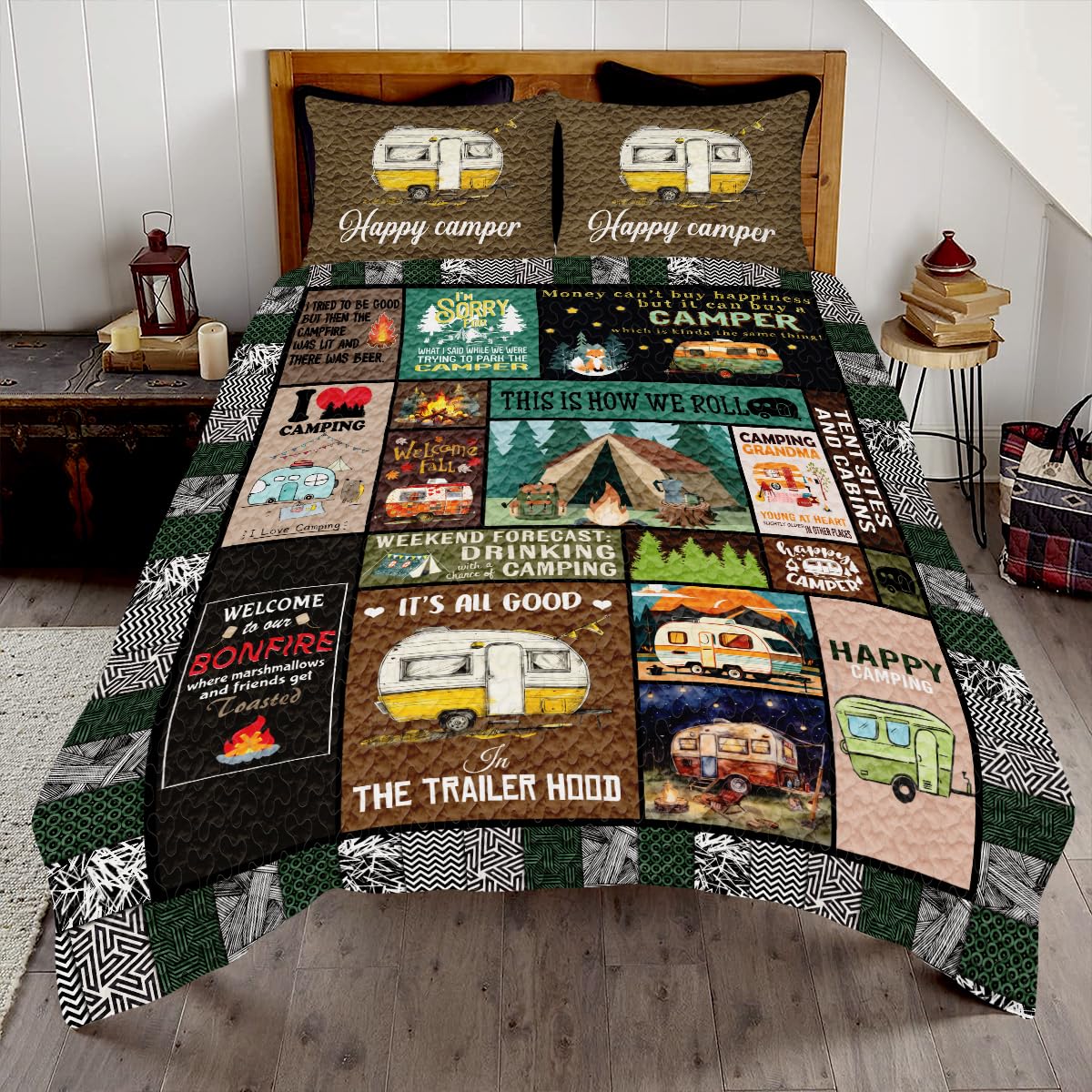 SATIGI Go Camping Quilt Bed Set Custom Quilt, Bedding Sets and Collections, Queen Bed Set, King Bed Set,Comes with Pillow Cases for Girl Women Camping Lovers (Camping D01)