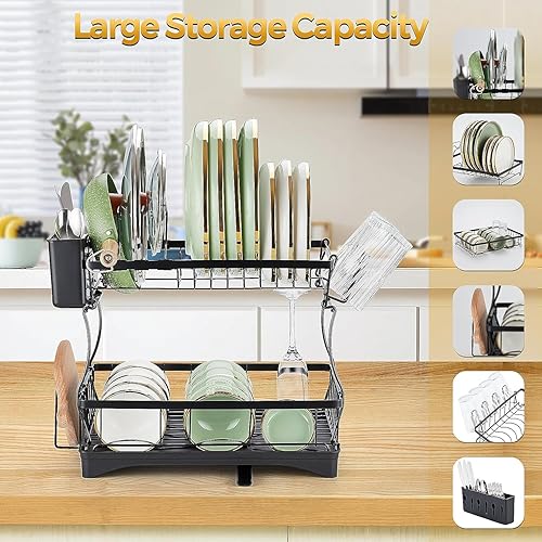 Miniatura 2 de Escurridor de platos, 2 niveles de acero inoxidable a prueba de óxido para encimera de cocina, con soporte para utensilios de drenaje, soporte para