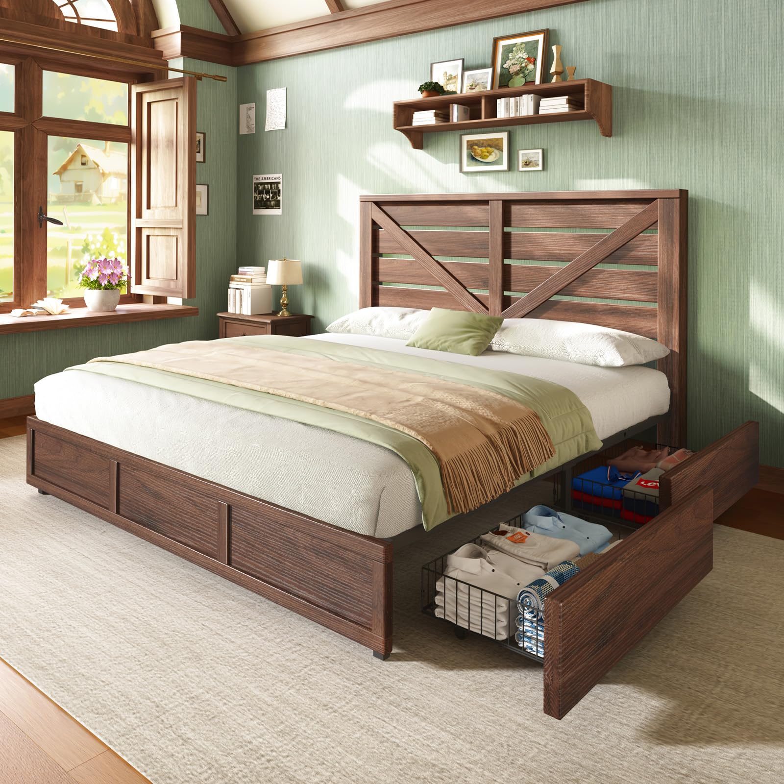 Amazon.com: AMERLIFE King Size Farmhouse Bed Frame with 4 Drawers ...