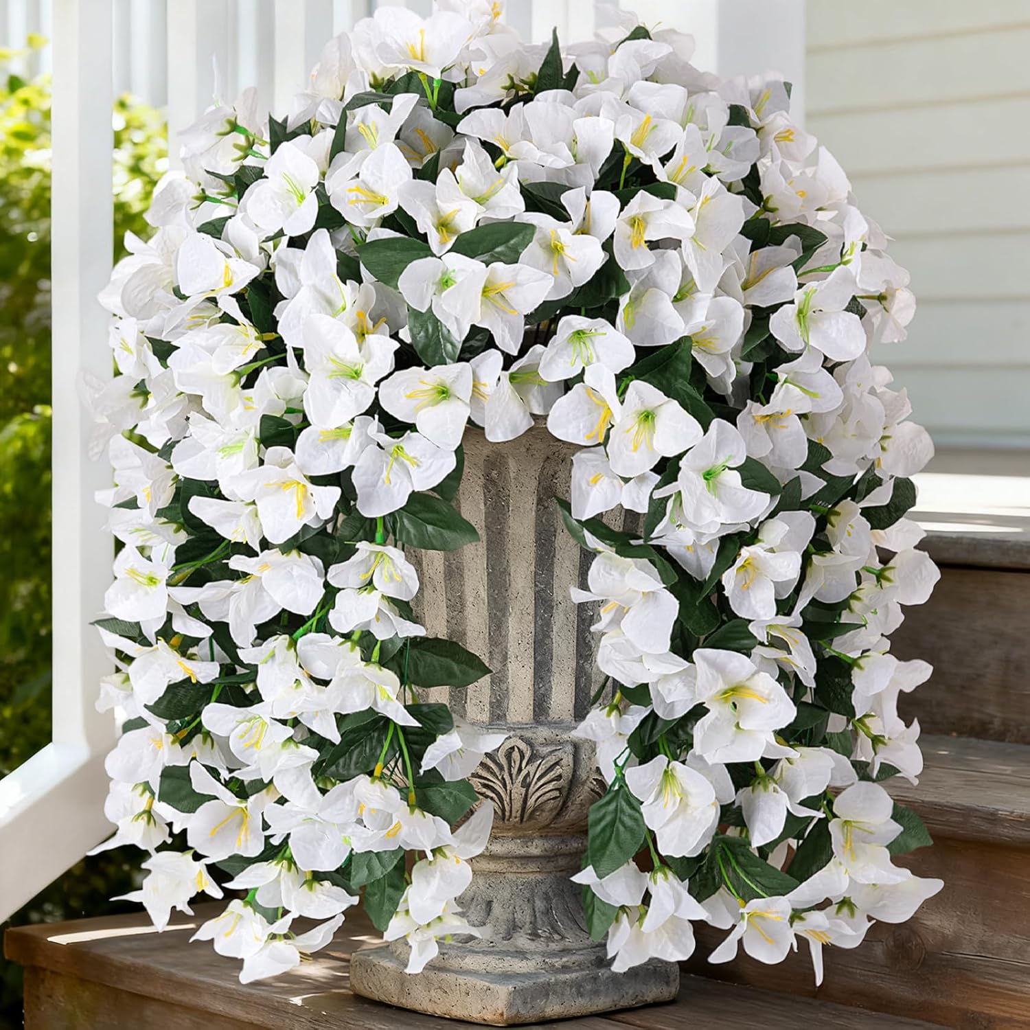 2 pcs Artificial Faux Bougainvillea Flowers Plants for Outdoor Outside Summer Decoration, Fake Silk UV Resistant Long Trailing Vines for Front Door Porch Planter Balcony (White)
