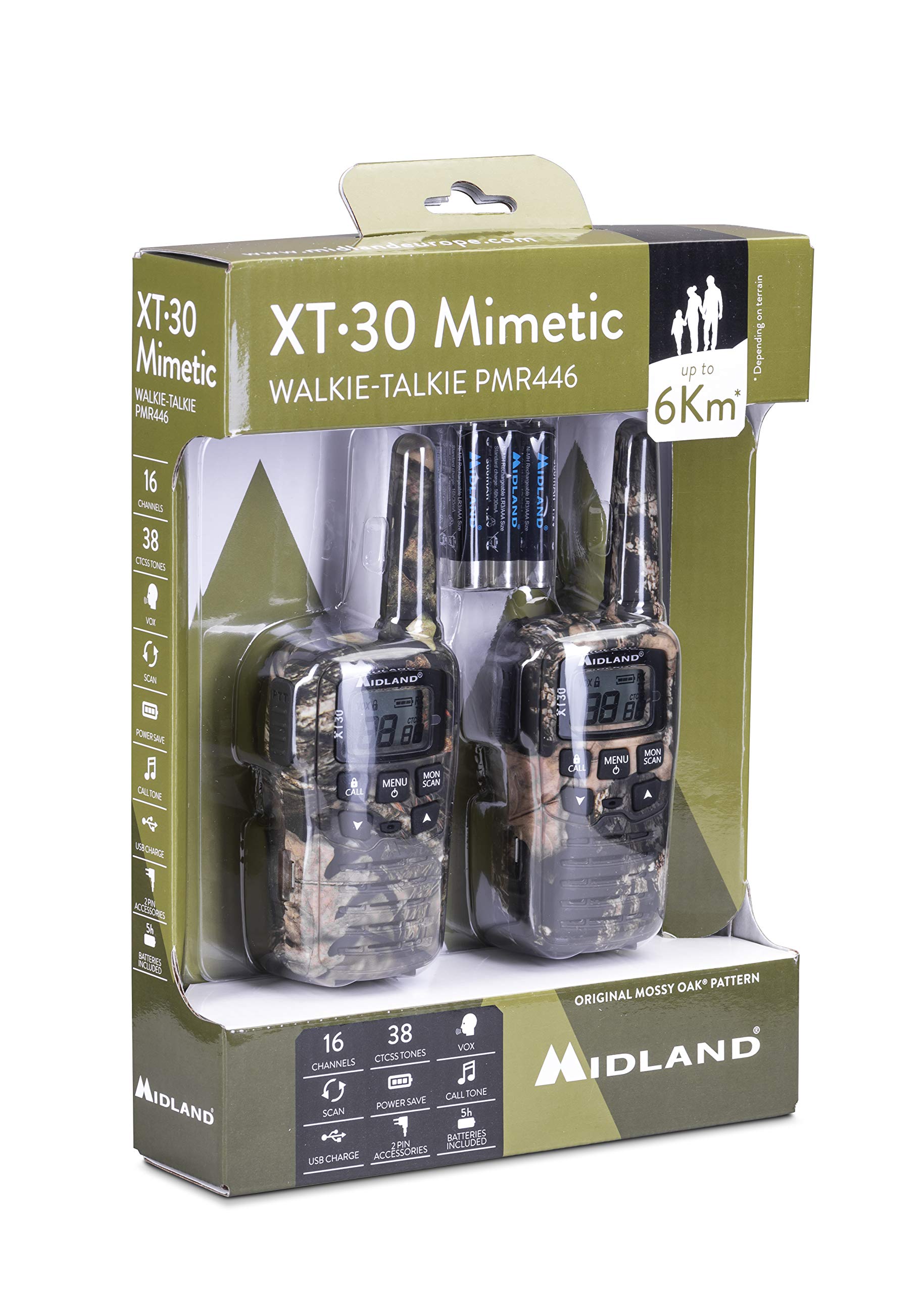 Midland - Walkie Talkie XT30 Mimetico, 2 Ricetrasmittenti per Trekking e Outdoor - 16 Canali PMR446 Senza Licenza, Autonomia 5H, 6Km,38 Toni CTCSS, VOX, SCAN, Ricarica USB, Batterie e Clip Cintura
