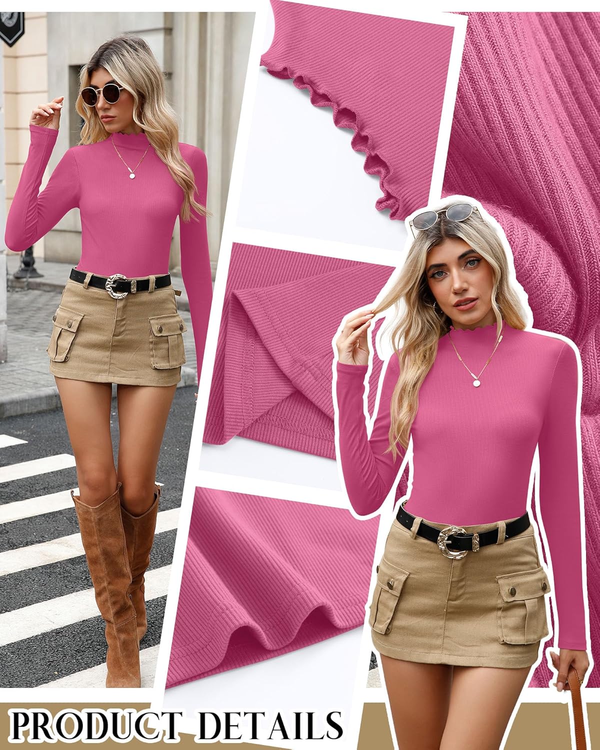 3 Pack Women's Cotton Long Sleeve Mock Turtleneck Tops Ribbed Lettuce Trim Slim Fit Shirts Thermal Base Layer(Peach Pink, Light Beige, Black,Medium) - Image 2