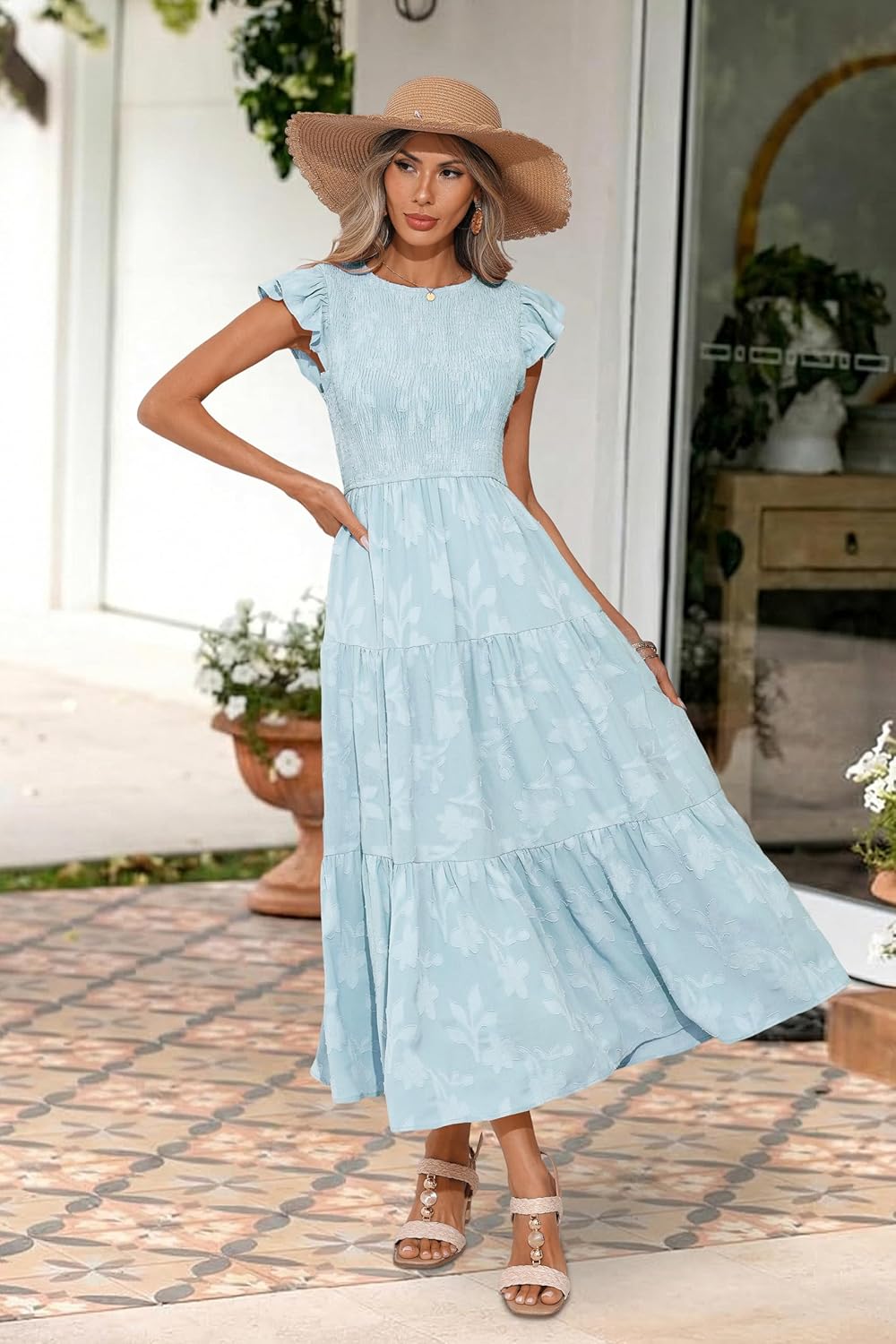 Women's 2026 Summer Boho Floral Midi Dress Casual Flutter Short Sleeve Smocked Flowy Long Dress - Image 7