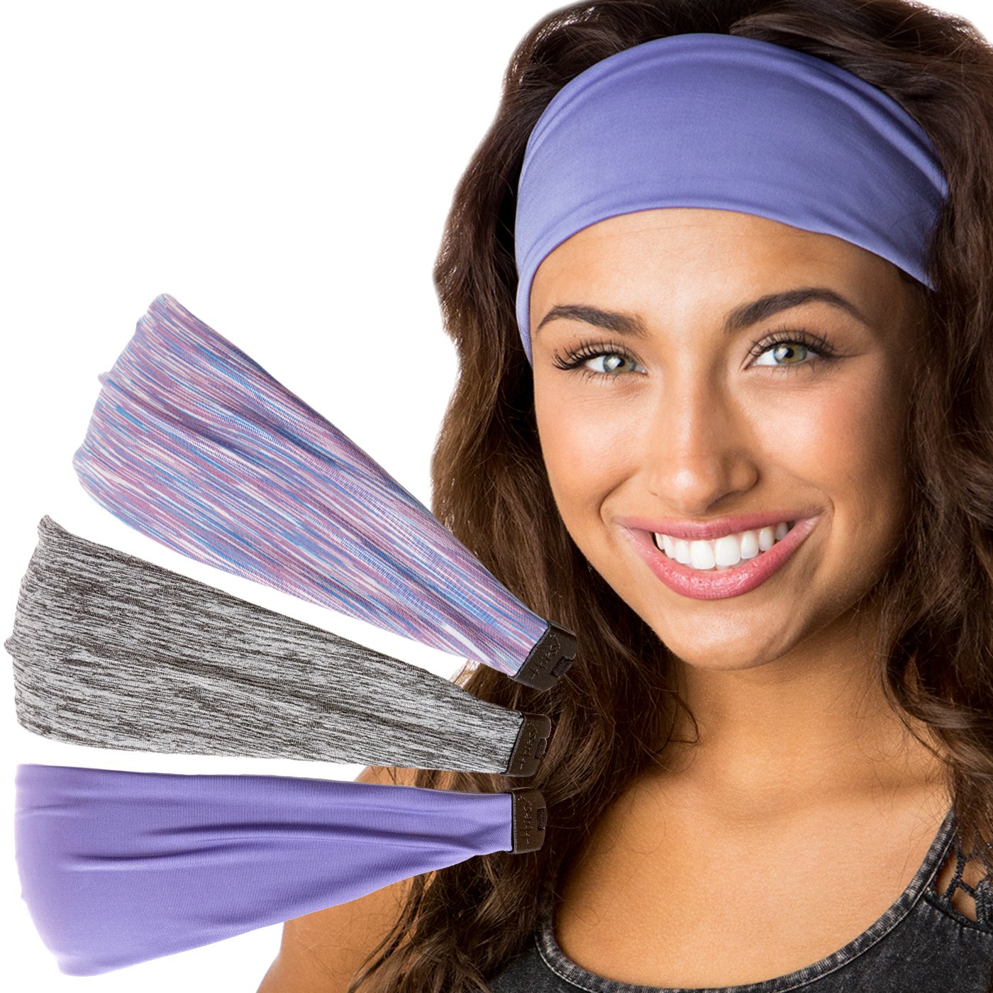 Hipsy Women's Adjustable & Stretchy Xflex Pastel Yoga Headband Multi Packs (Violet/Violet/Grey 3pk)