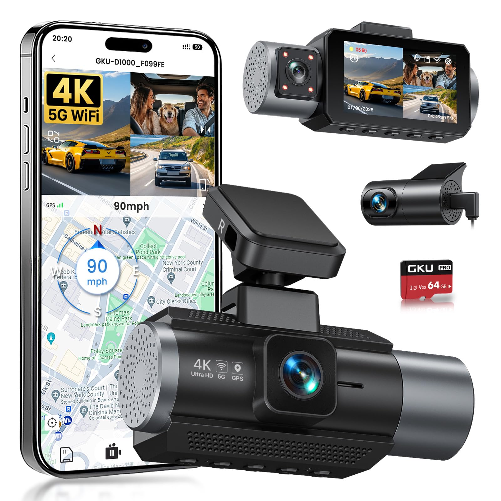 Dash Cam Auto 4K+1080P Full-HD Con Scheda SD Da 64GB, Doppia