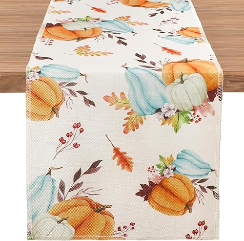 OurWarm Camino de mesa de otoño, calabazas de Acción de Gracias, hojas de eucalipto, caminos de mesa de 13 x 72 pulgadas, caminos de mesa de