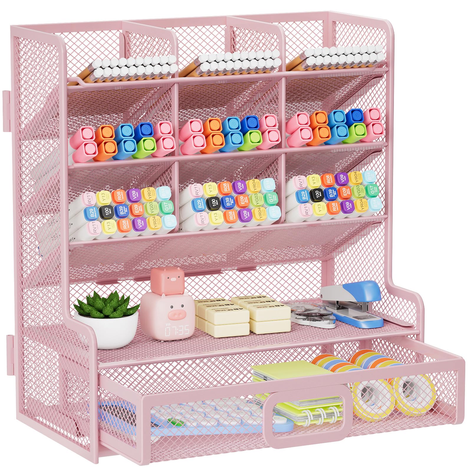 Marbrasse Larger Mesh Desk Organizer with Drawer, Multi-Functional Pen Pencil Holder, Easy Assembly, Desk Organizers and Accessories for Office Art