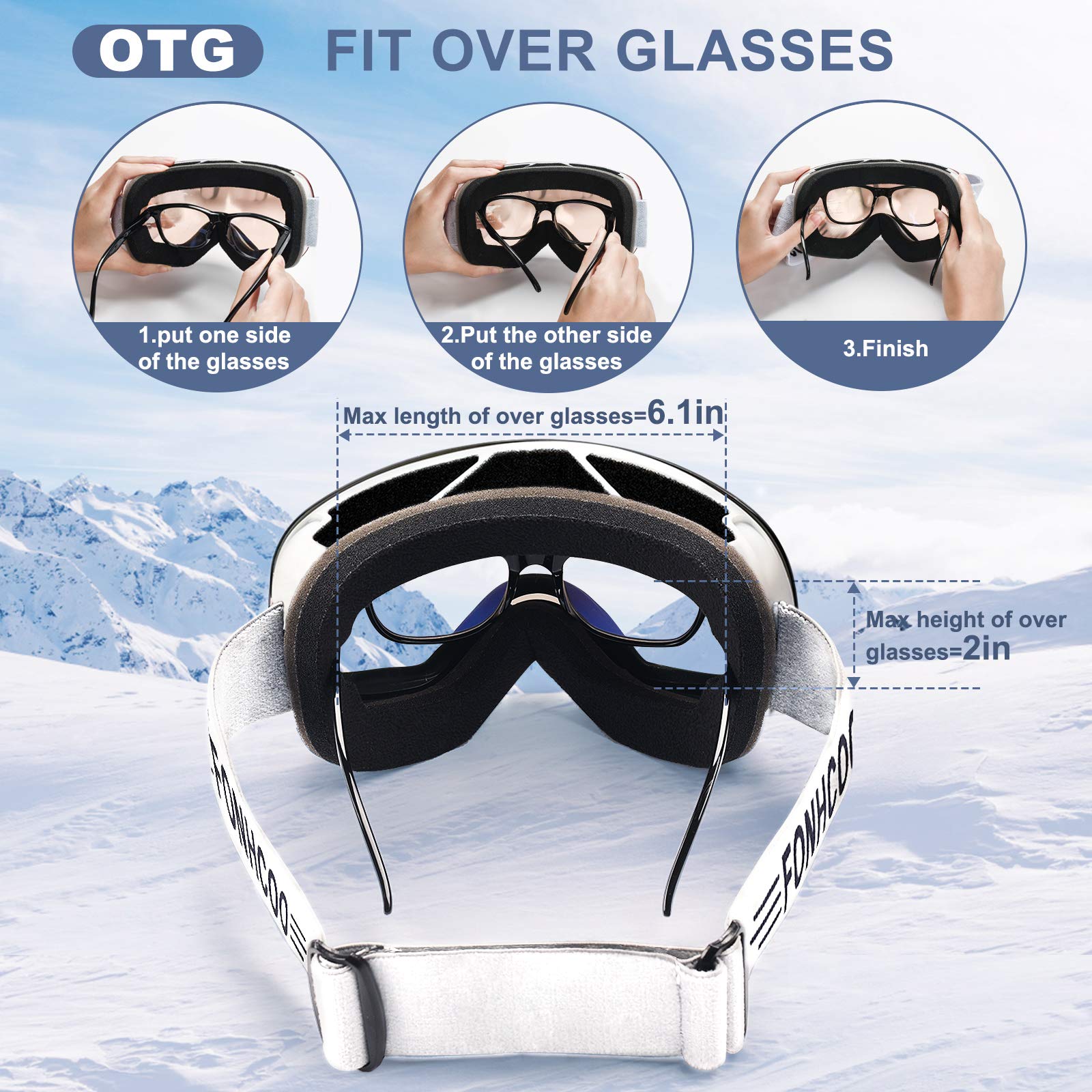 FONHCOO Occhiali da sci per uomo donna, anti-appannamento OTG occhiali da snowboard con lenti staccabili, rosa