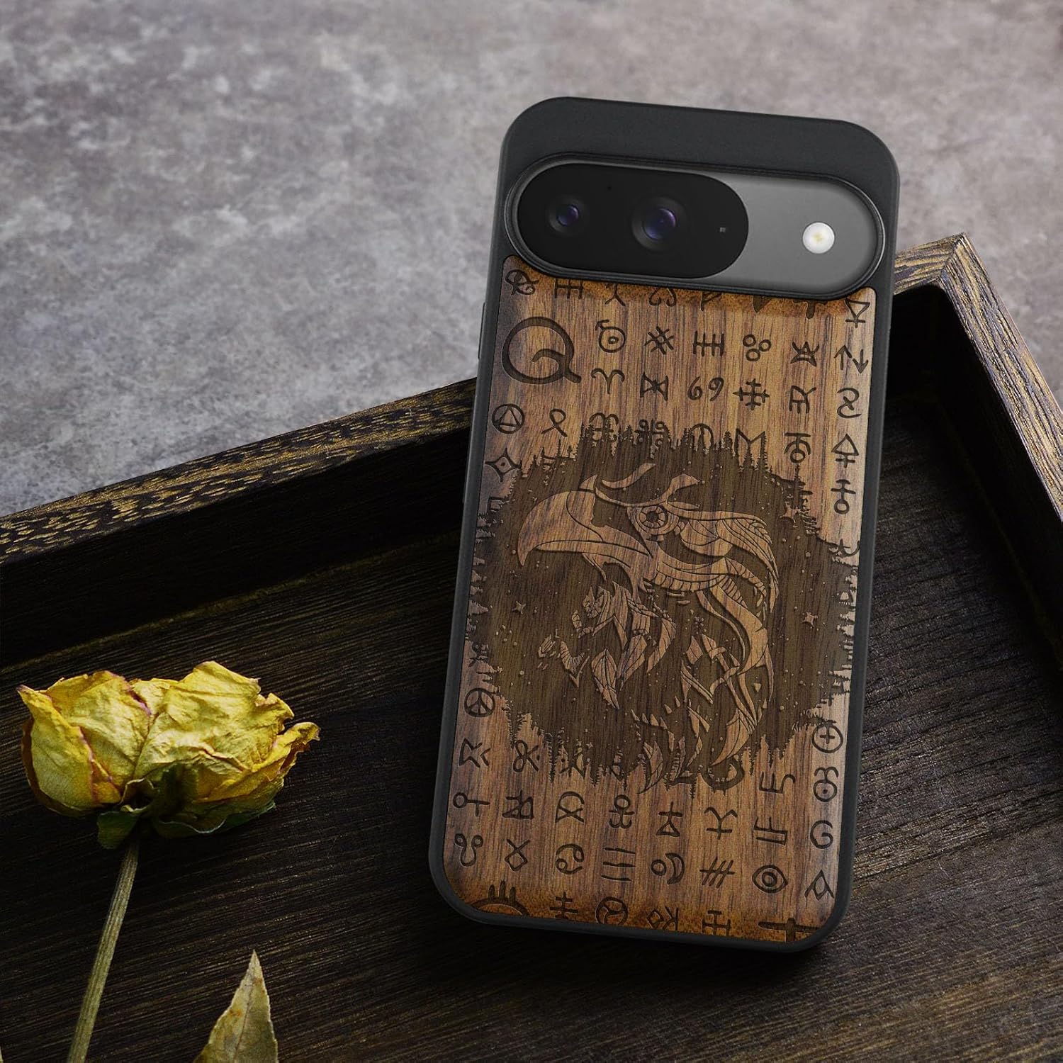Carveit Magnetic Wooden Case for Google Pixel 9 Case, Wood Artisan Engraved & Soft TPU Shockproof Cover, Compatible with MagSafe Wireless Chargers (Night Falcon) Walnut
