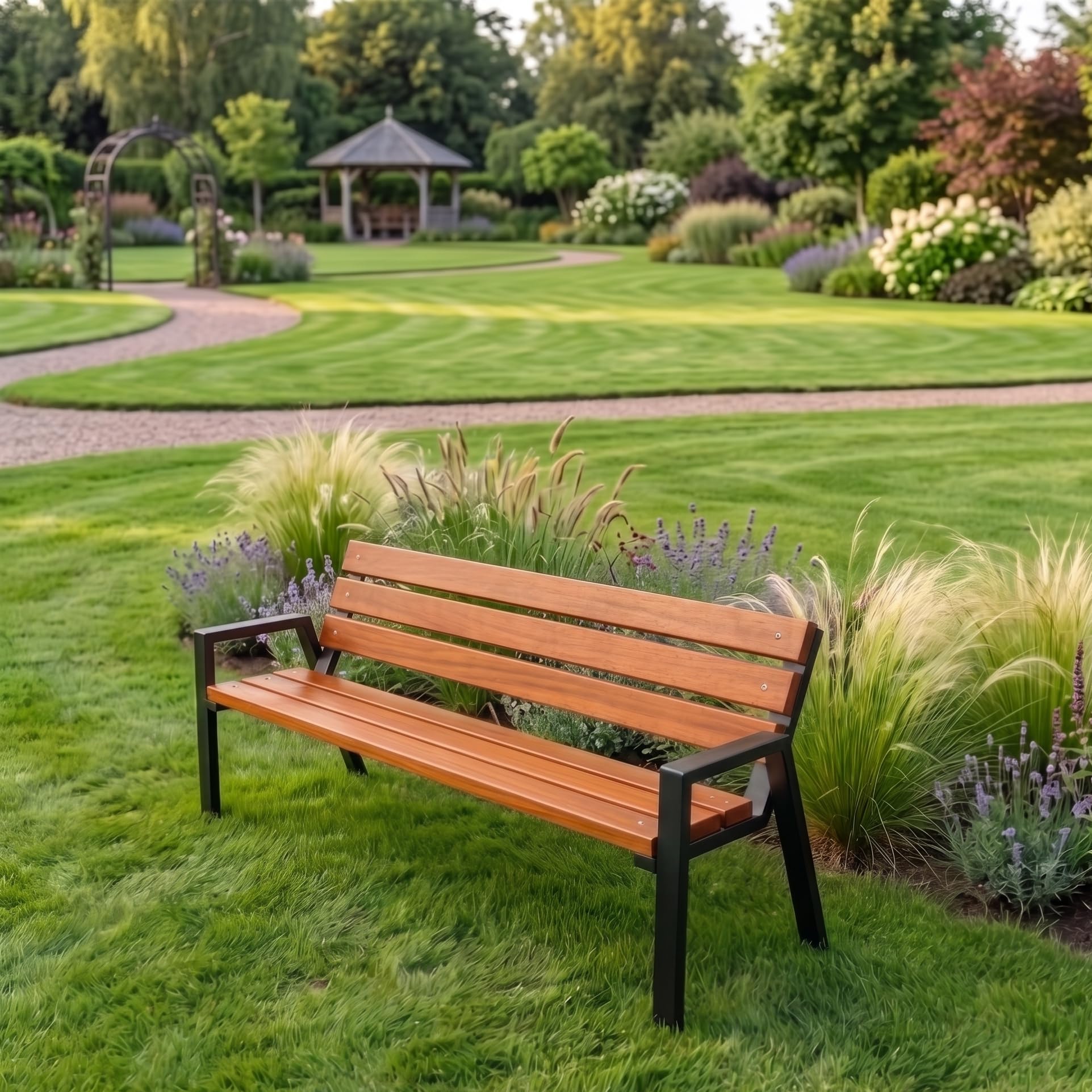 REKORD Gartenbank 178 x 60 x 76 cm Robuste Parkbank aus verzinktem Metall und Holz mit Rückenlehne wetterfeste Outdoor Sitzbank Bank für Garten Terrasse Balkon Vorgarten – Zeus Bis - Mahagoni