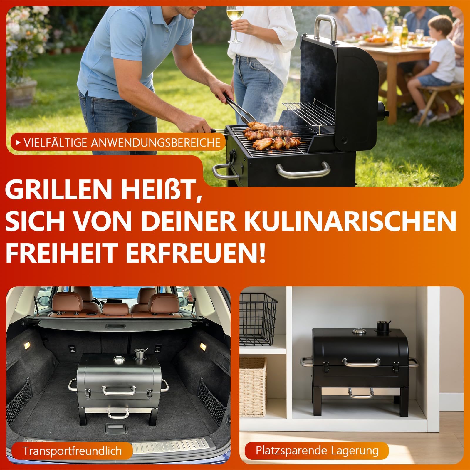 Holzkohlegrill mit Deckel und Thermometer, Grillrost 48 x 32 cm | Tragbarer Tischgrill mit Ascheschale, bbq grill für Outdoor Camping Picknick