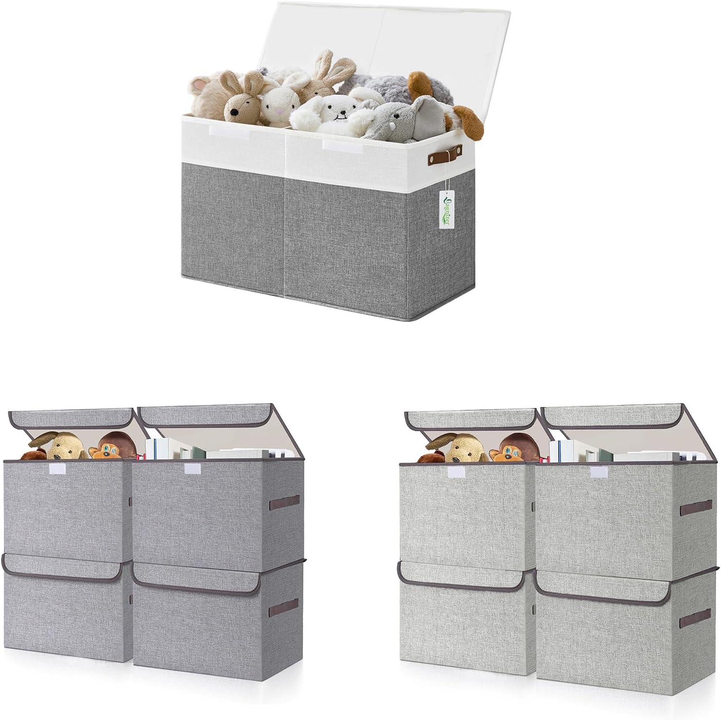 Gray and White Large Toy Storage Box with Lids+Large 22 Quarts Fabric Storage Bins with Lids Gray+Light Gray