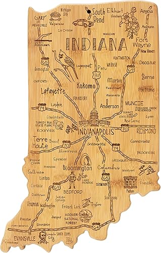 Totally Bamboo Destination Indiana - Tabla de cortar y servir con forma de estado, incluye corbata para colgar para exhibición en la pared