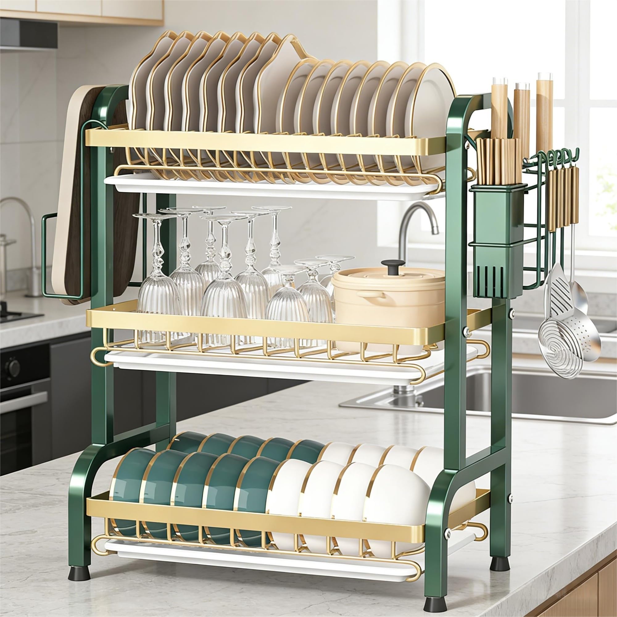 Escurridor de platos de acero inoxidable de 3 niveles con escurridor y portavasos, encimera de cocina a prueba de óxido (verde, grande, 53 x 60 cm)