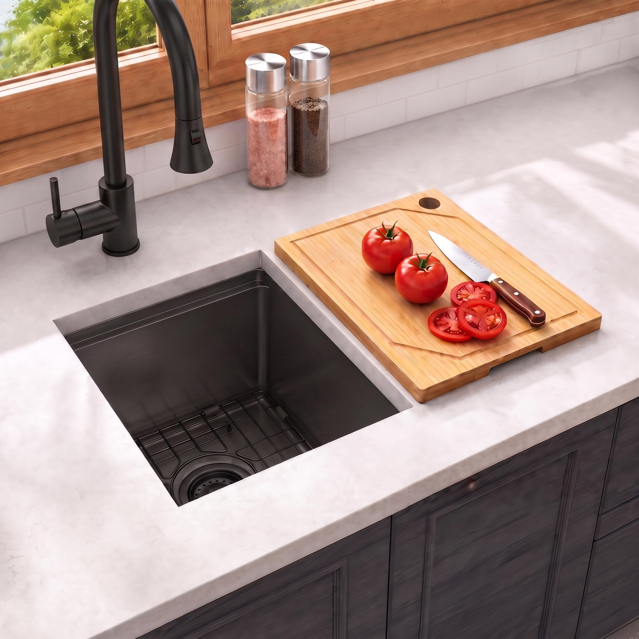 LQS Undermount Wet Bar Sink Black, Undermount Bar Sink Stainless Steel 13" x 15", Small 10" Deep Single Bowl Kitchen Sinks, Smart Workstation Ledge With Cutting Board For RV, Outdoor and Prep Use