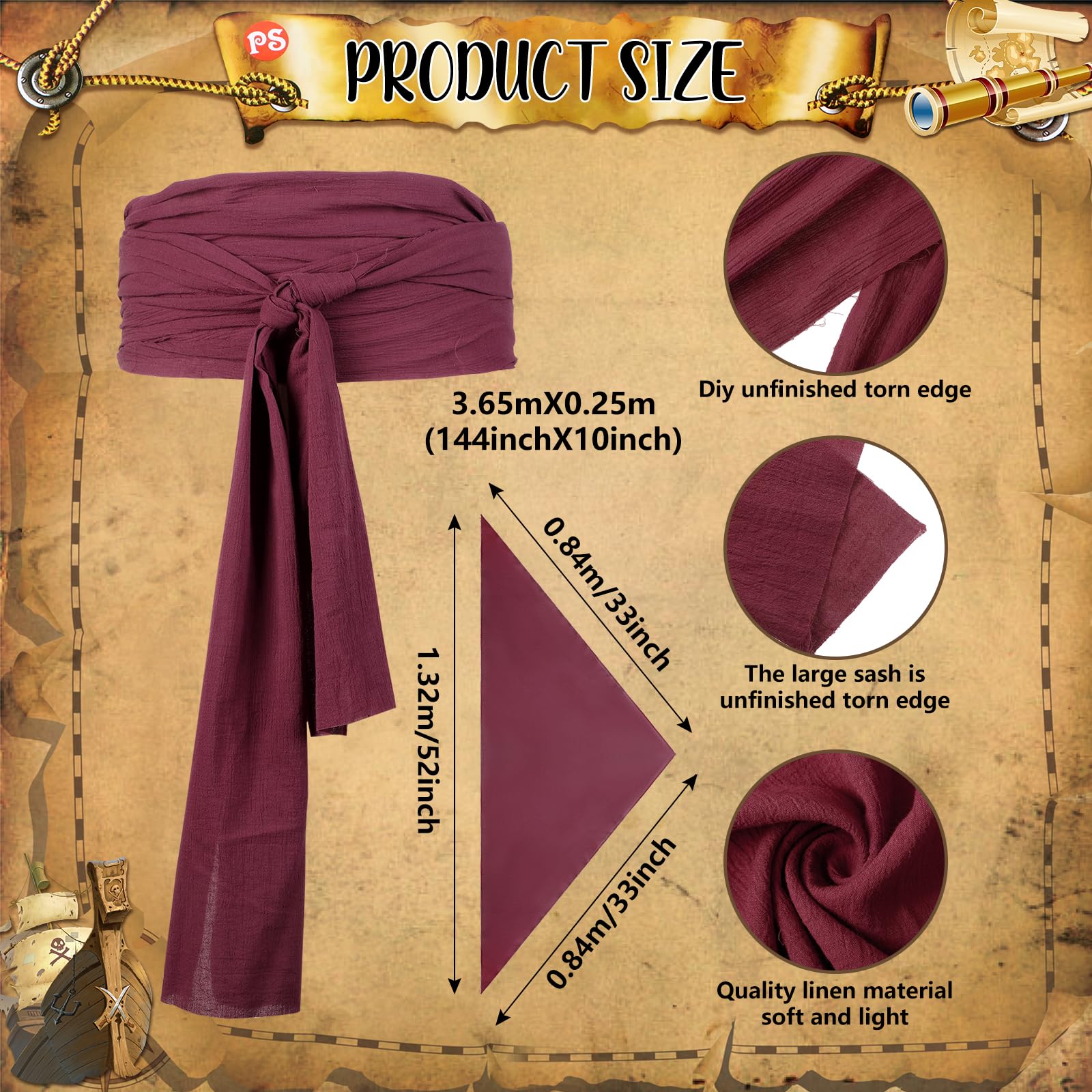 Boyiee Ensemble de costume de pirate 5 pièces pour homme - Style médiéval et Renaissance - Avec bandana, bandana, ceinture