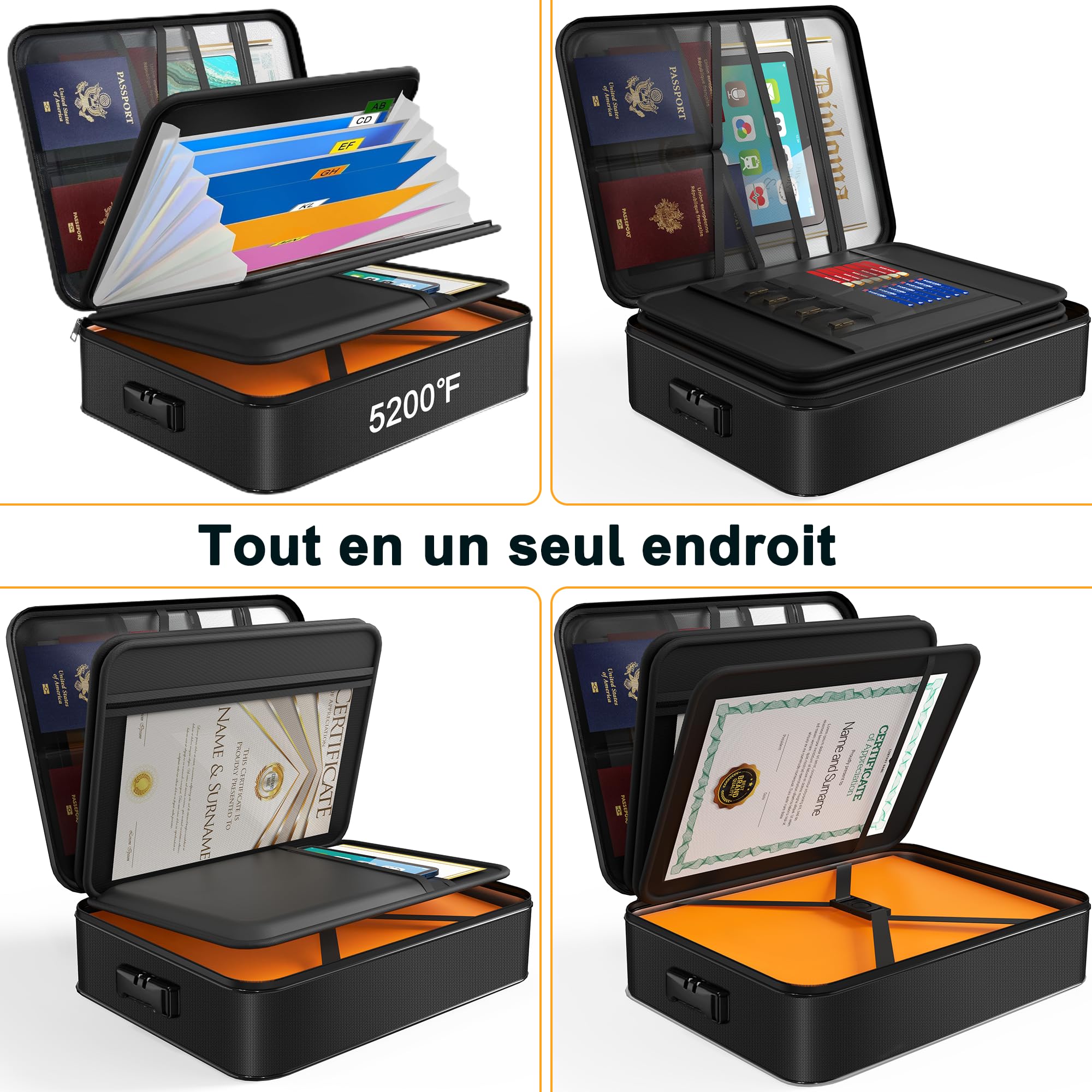 JUNDUN Organisateur de documents avec isolation thermique de 5200 ℉, porte-documents ignifuge avec serrure, boîte de rangement pour documents avec 7 compartiments, organiseur de dossiers（noir）