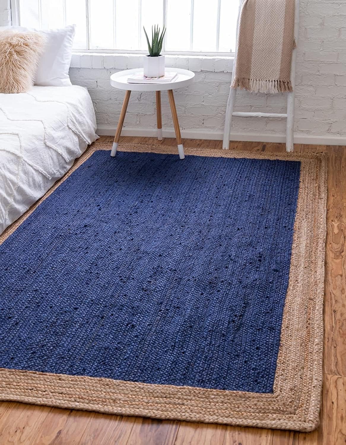Alfombra de yute trenzada hecha a mano, respetuosa con el medio ambiente, sostenible, bohemia, decoración de suelo para sala de estar y dormitorio (azul marino, 60 x 60 cm, cuadrado)
