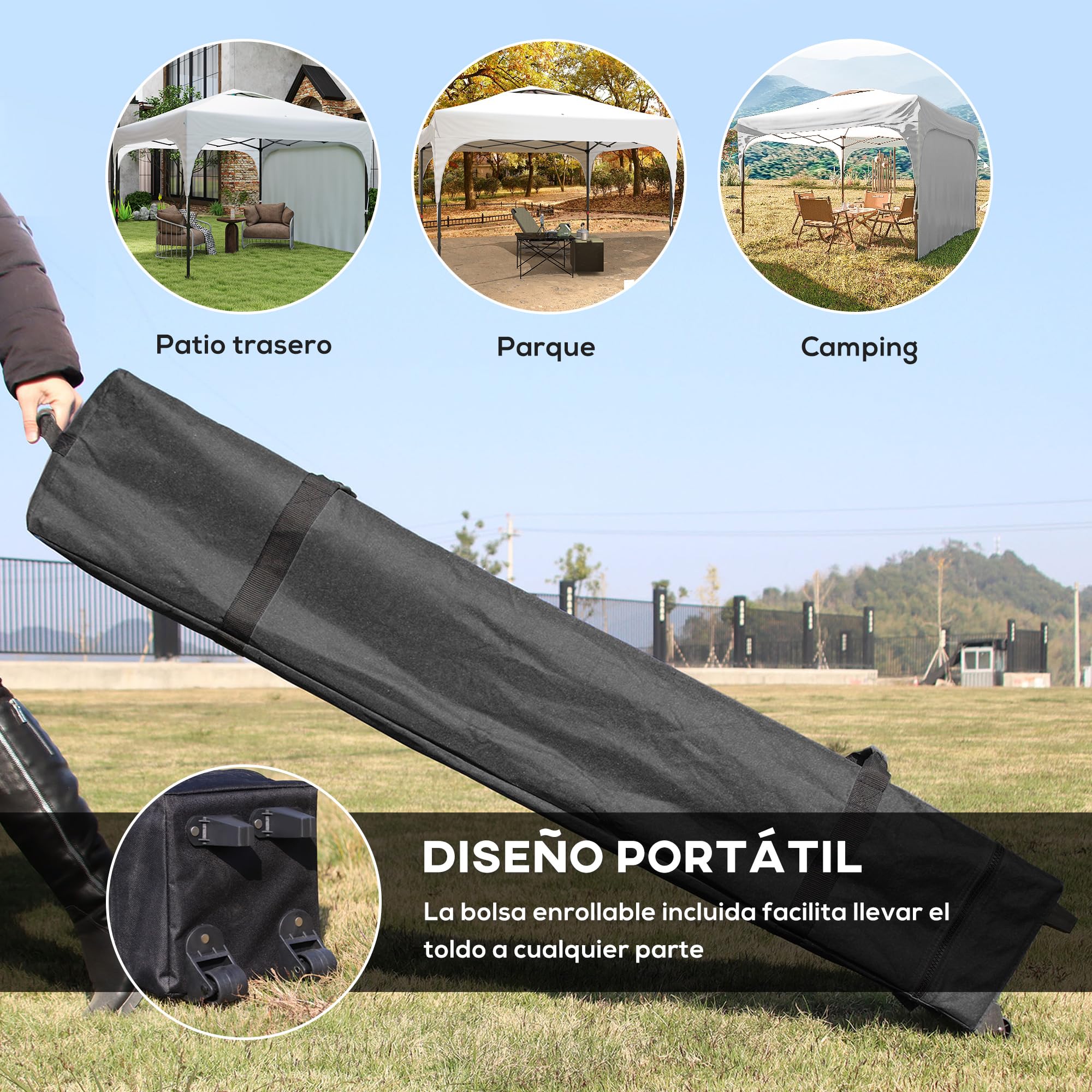 Outsunny Carpa Plegable 3x3 m Cenador de Jardín con Altura Ajustable 1 Pared Lateral Impermeable 4 Bolsas de Arena y Bolsa de Transporte Gazebo para Exterior Patio Fiestas Blanco
