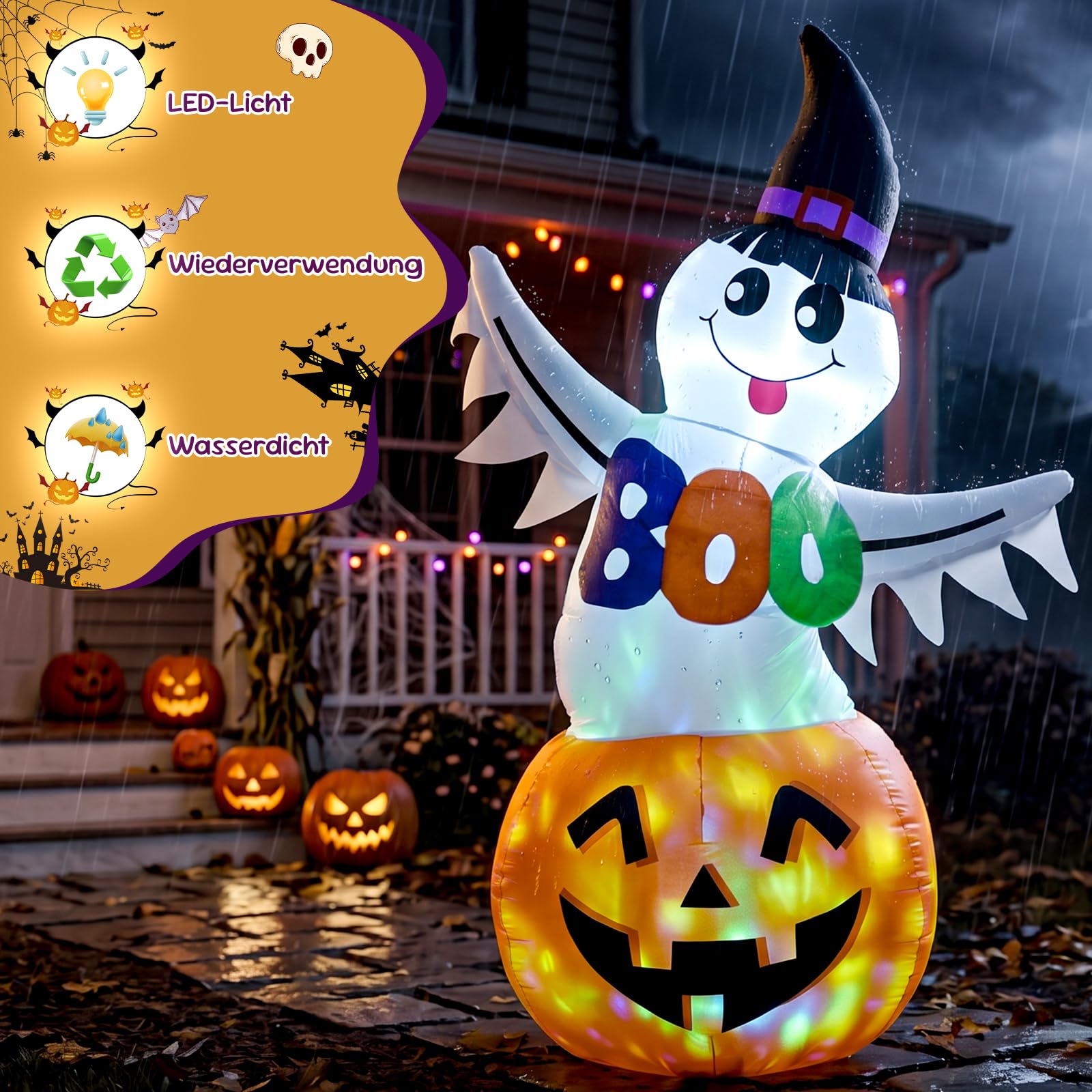 1,8 M Halloween-Entlüftbarer Geist-Kürbis mit Hexenmütze und B-o-o-Symbol