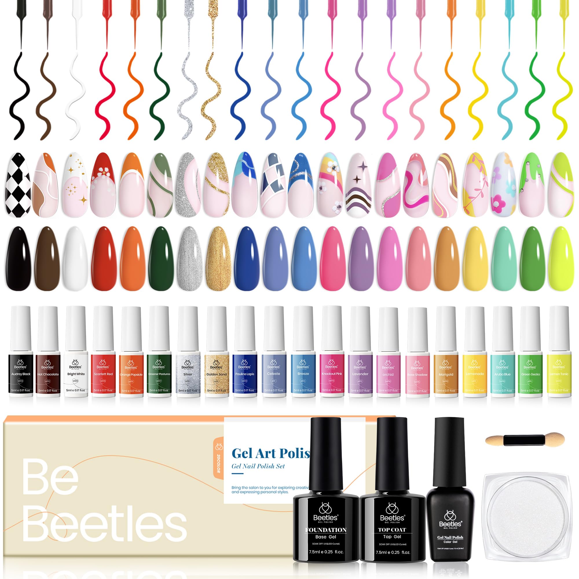 Beetles Gel Liner Nail Art Polish Set Pastel Gel Nail White Gold Red Glitter Neon French Tip Nails Polish Paint Swirl Built Thin Brush in Bottle Soak