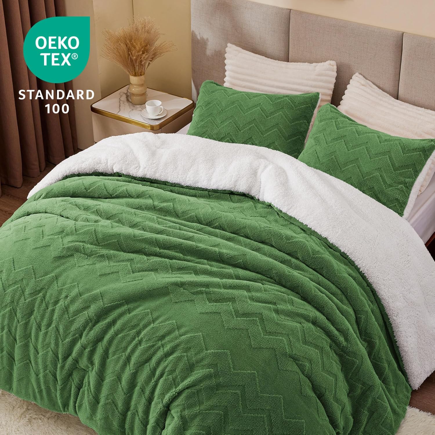 BEDELITE Fluffy King Size Comforter Set - Super Soft Sherpa Sage Green Comforter for King Size Bed, Luxury Warm Bedding Set for Winter, Fuzzy Bed Set 3 Pieces (1 Comforter, 2 Pillowcases) - Image 4