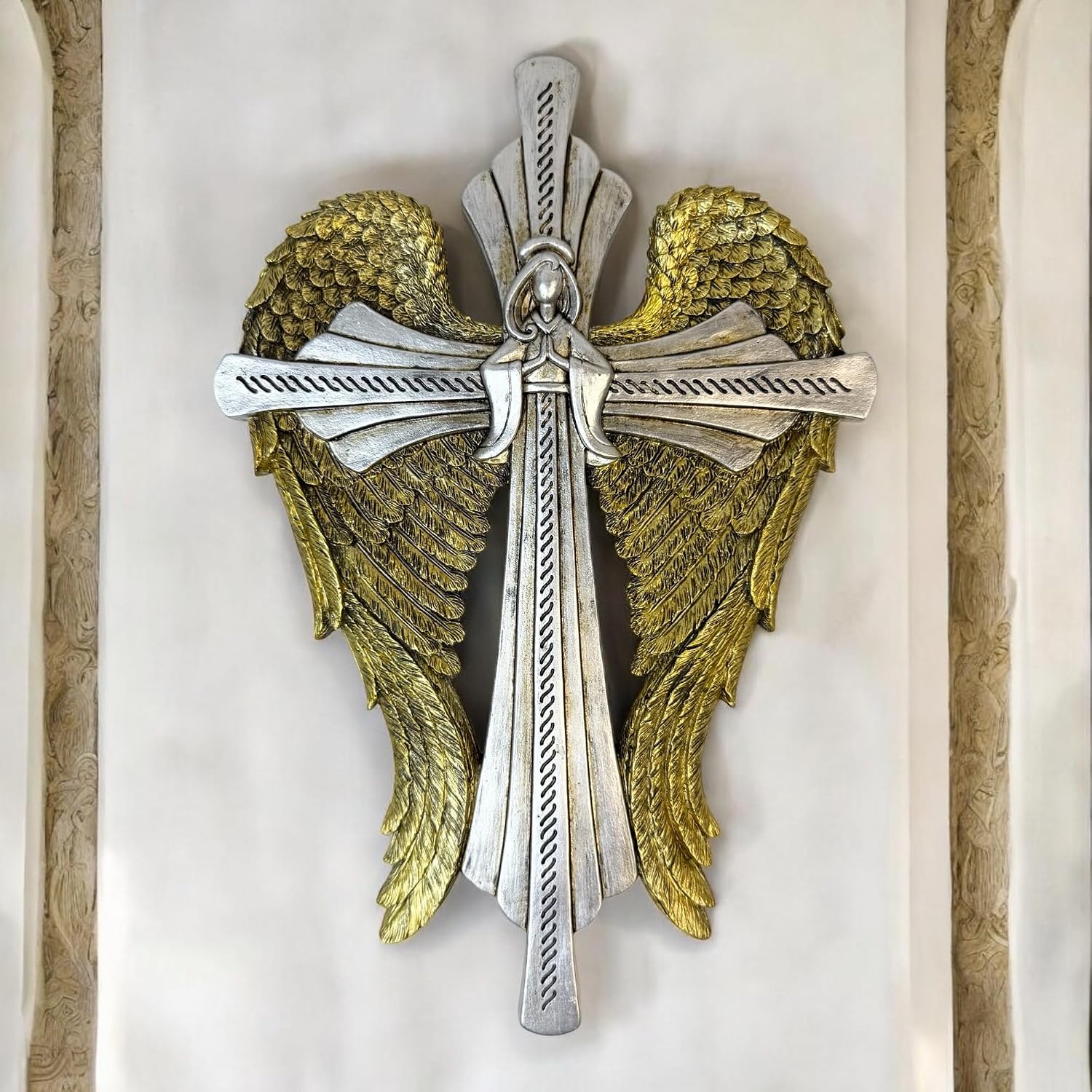 Top Brass Decorative Angel Wing Wall Cross – Gold and Silver Wings Religious Hanging Décor – Christian Home Accent – Inspirational Faith Sculpture