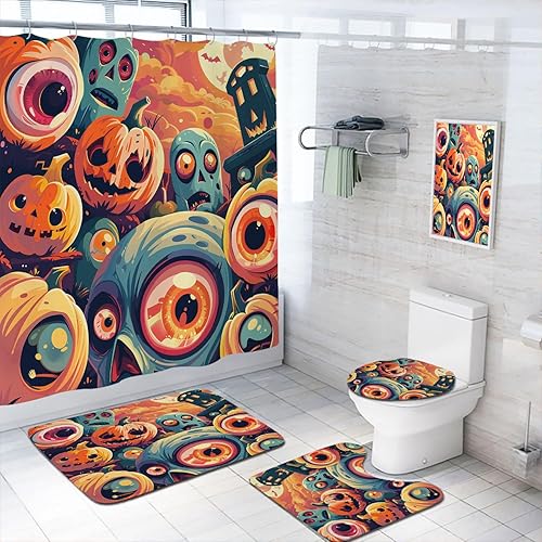 Juego de 4 piezas de cortina de ducha de baño de Halloween con alfombra, cubierta de tapa de inodoro y tapete de baño, murciélagos de dibujos