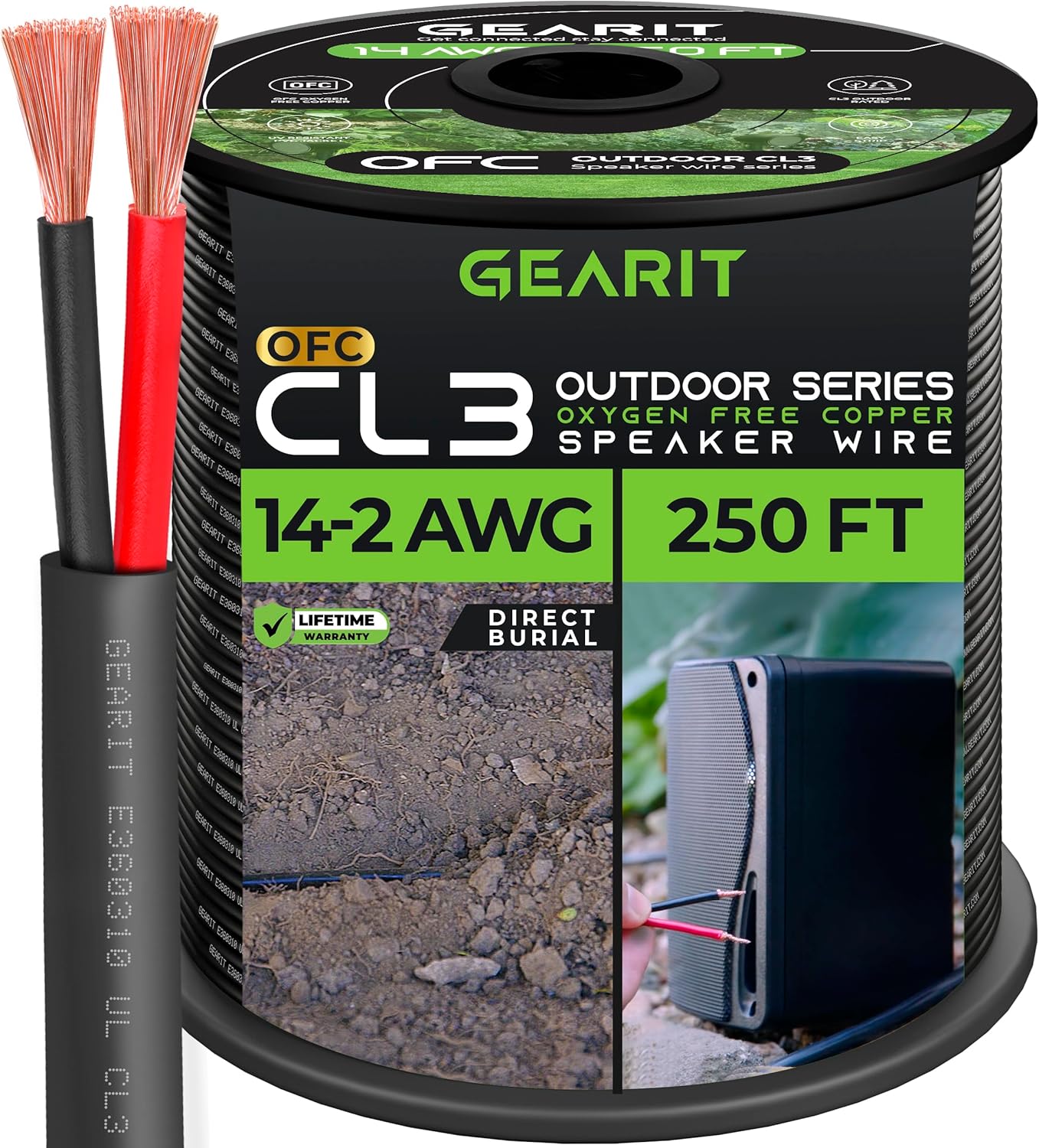 14 AWG CL3 OFC Outdoor Speaker Wire, GearIT Pro Series 14 Gauge (250 Feet / 76.2 Meters/Black