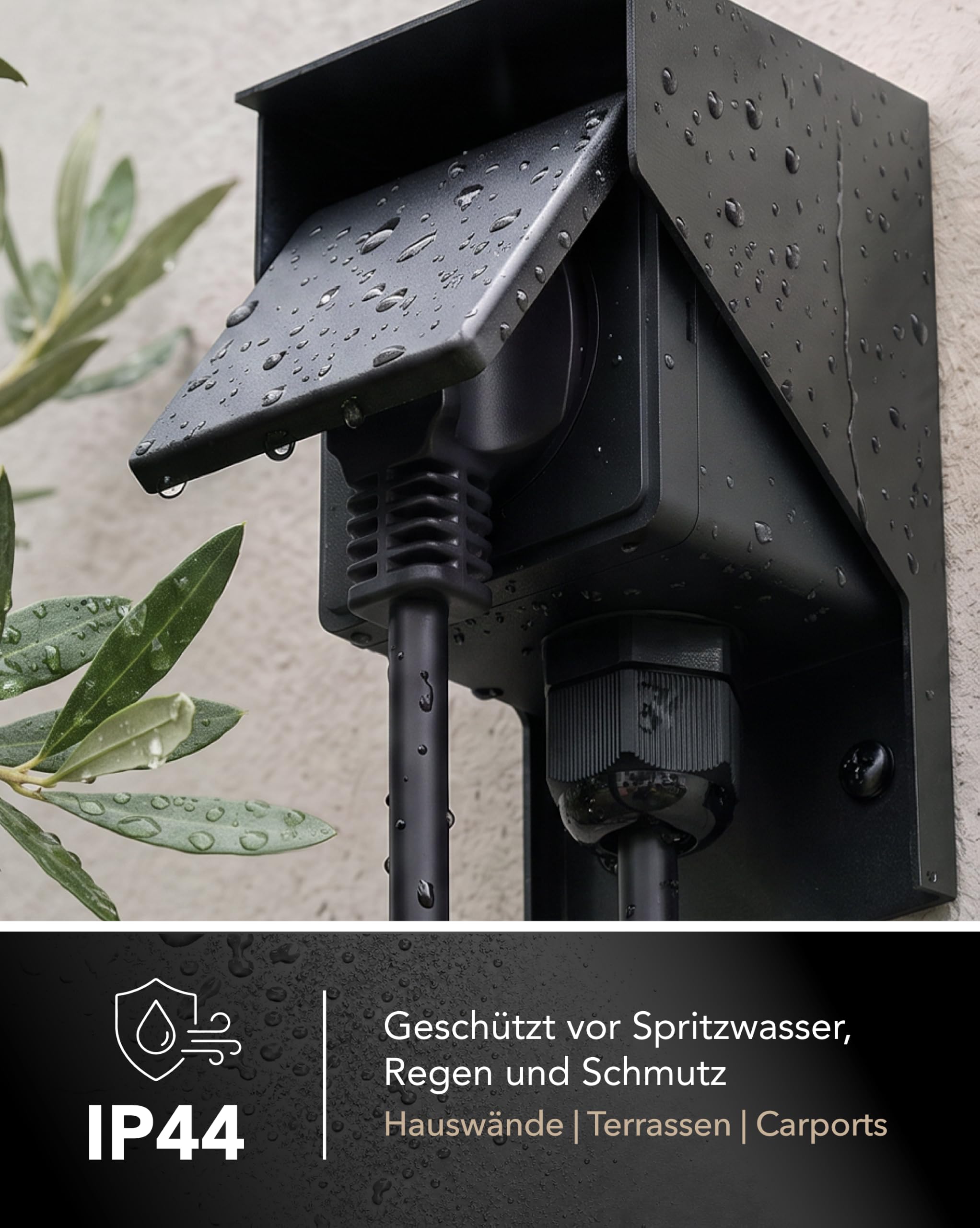 ledscom.de 3x Aufputz Steckdose PIWI für außen und 2m Kabel, IP44, 1-fach, schwarz