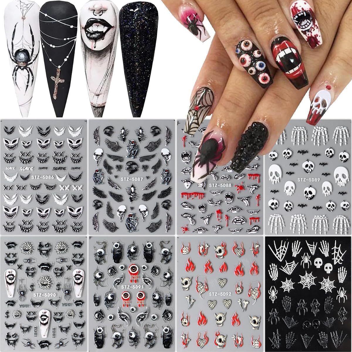 8 Sheets 5D Halloween Nail Stickers Horror Gothic Nail Decals Punk Nail Supplies Embossed Skull Clown Evil Eyes Lip Wing Bone Ghost Spider Web Halloween for Nail Art Stickers Women DIY Nail Decor