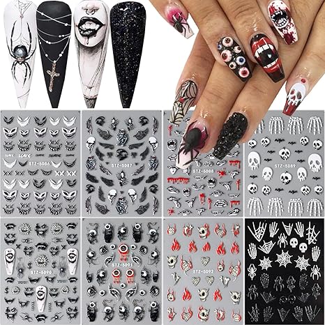 8 Sheets 5D Halloween Nail Stickers Horror Gothic Nail Decals Punk Nail Supplies Embossed Skull Clown Evil Eyes Lip Wing Bone Ghost Spider Web Halloween for Nail Art Stickers Women DIY Nail Decor