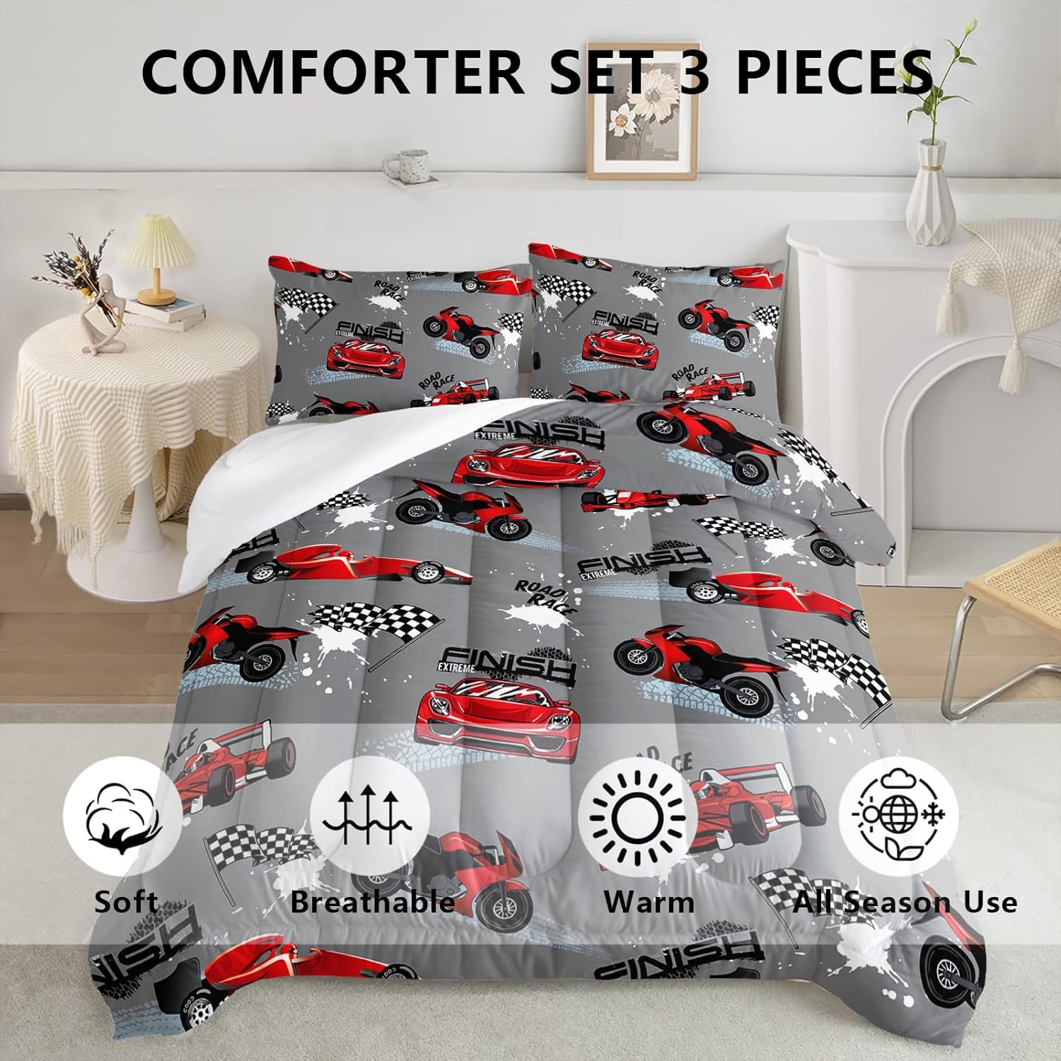 Axolotl Kid Comforter Set Twin Size,Racing Car Bedding Set for Boys Girls Teen Kids Children Racing Gifts,Race Cars Quilt Bed Set with 1 Comforter 2 Pillowcases,Red Grey - Image 4