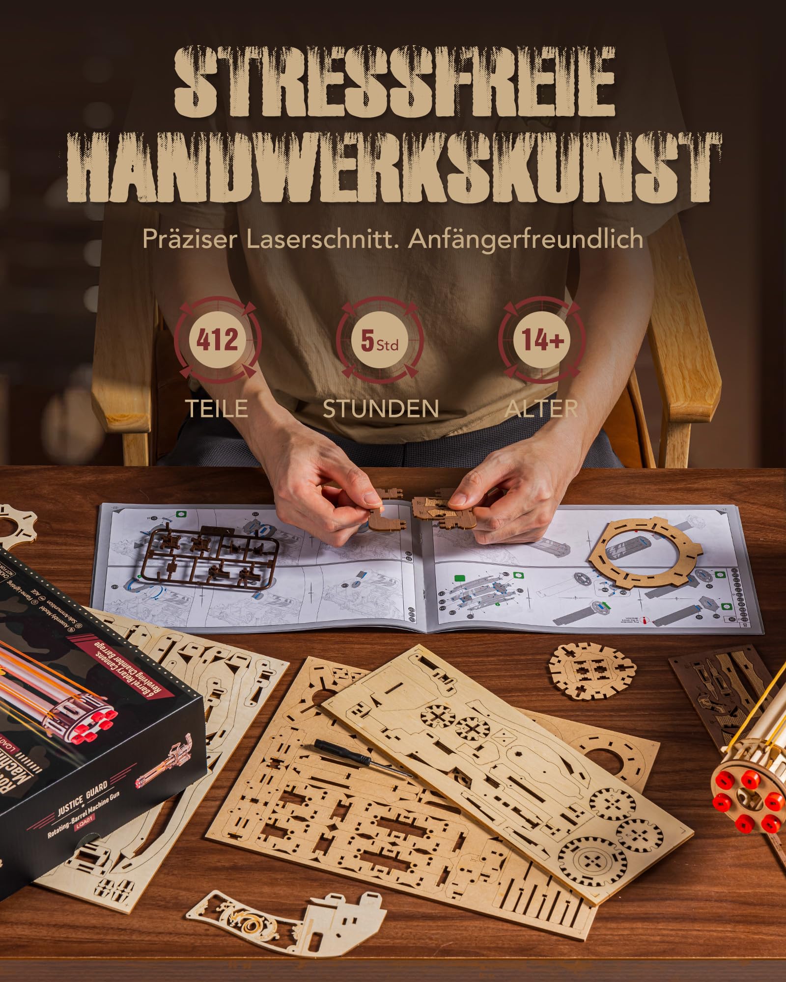 ROKR 3D Holzpuzzle Erwachsene Holzmodelle Bausätze, 3D Puzzle Holz Modellbausätze zum Mechanischen Bauen, Spielzeug mit Gummibändern, Geschenk für Teenager und Erwachsene, LQA01