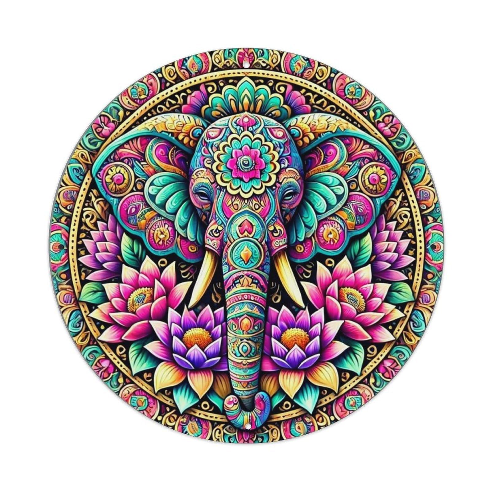 Vibrant Elephant Mandala Art Print Retro Metal Tin Sign, Vintage Metal Poster for home, Gaming Room, Studio Workshop,Bar,Garage Wall Art Decor 8x8 inch