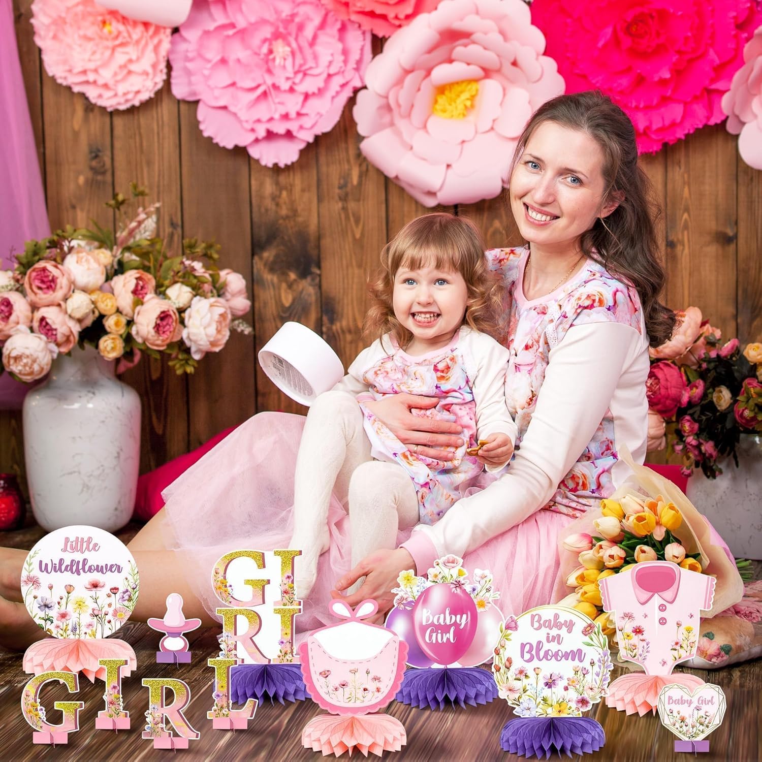 ANGOLIO Baby Girl Honeycomb Centerpieces for Birthday Party - Spring Easter Gift 12 Pink Floral Baby in Bloom Table Decorations for Baby Shower Cute Wildflower Table Display Gender Reveal Supplies