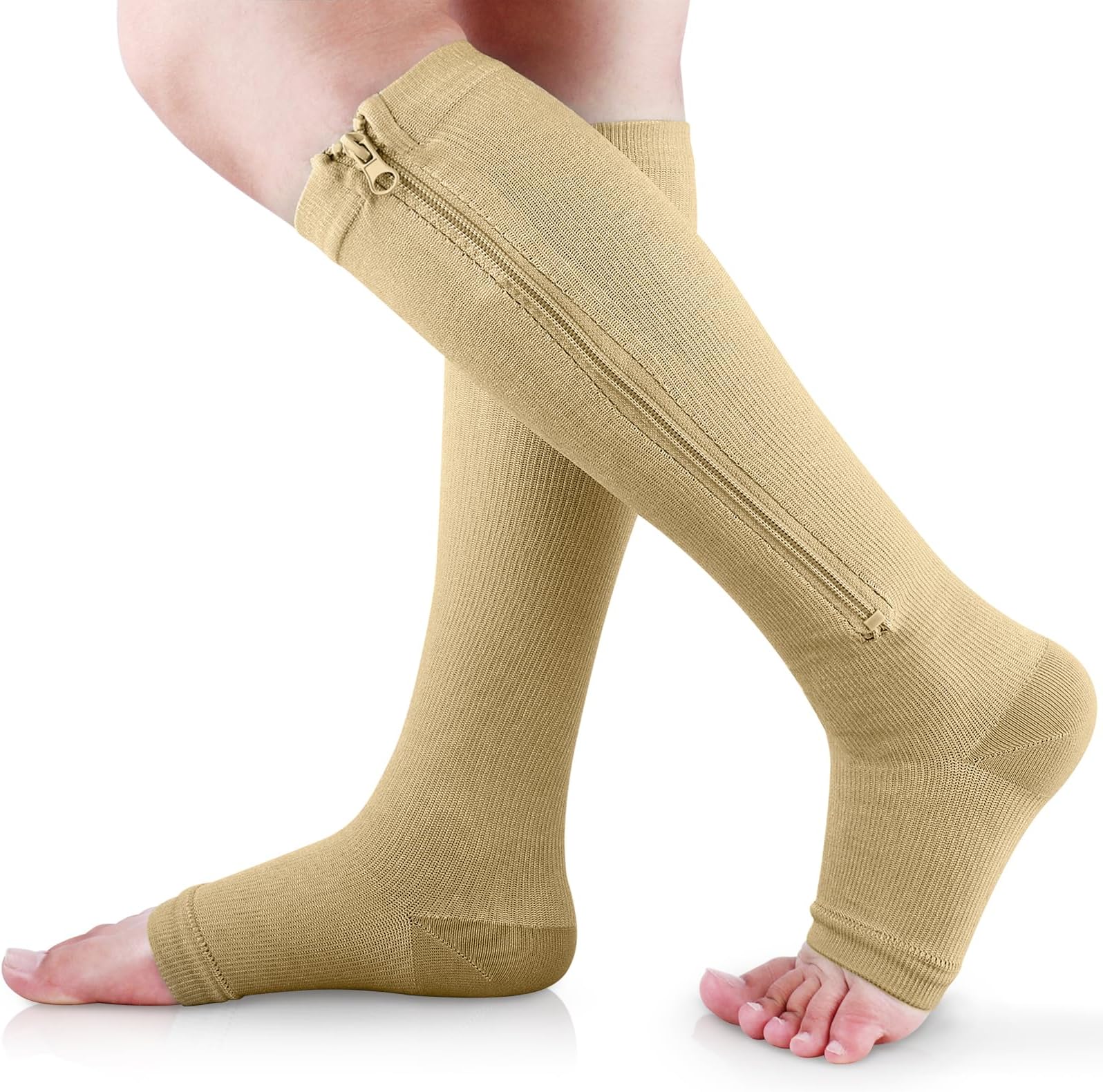 Ailaka Zipper 15-20 mmHg Compression Socks for Women Men, Knee High Open Toe Support Graduated Medical Varicose Veins Hosiery for Edema, Swollen, Pregnancy, Recovery (1 Pair)