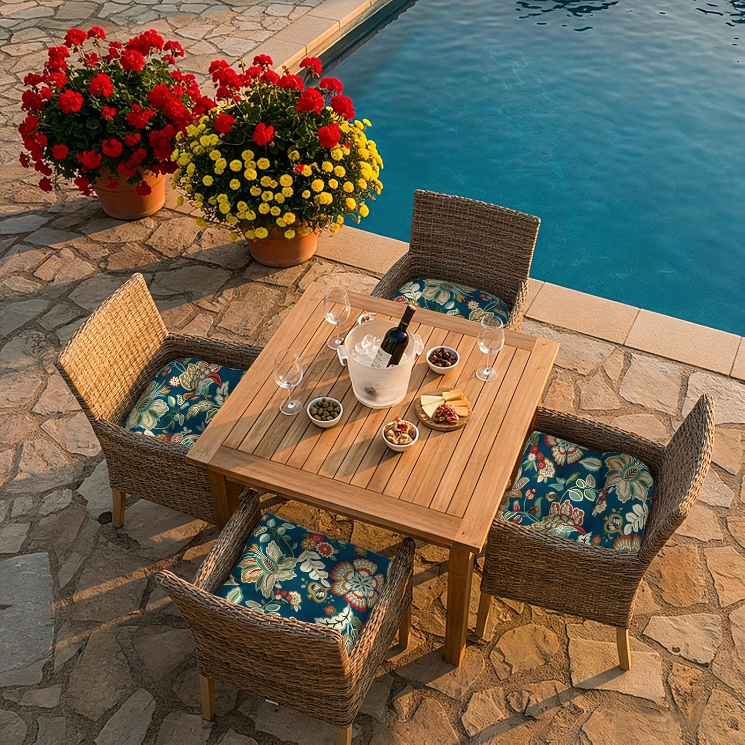 Patio Wicker Chair Cushions, All Weather Outdoor Tufted Chair Pads Pack of 2, 19 x 19 x 4 Inch U-Shaped Seat Cushions of Garden Furniture Decoration, Peacock Blue