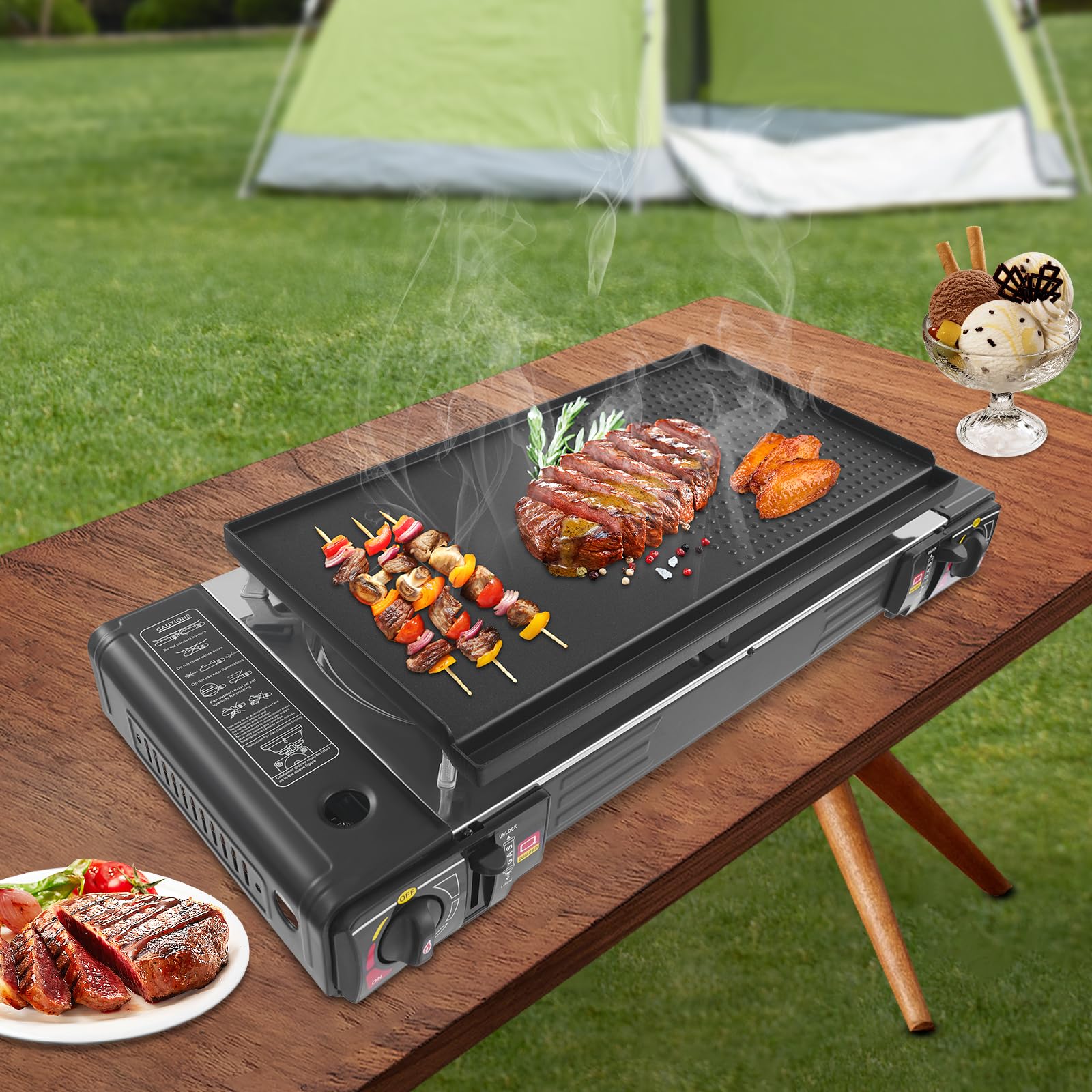 Hornillo de gas para camping de 2500 W, 2500 W, set con parrilla, placa de gas portátil con maletín, cocina de gas rectangular doble, cocina de camping, cocina de gas para exterior, balcón y mesa
