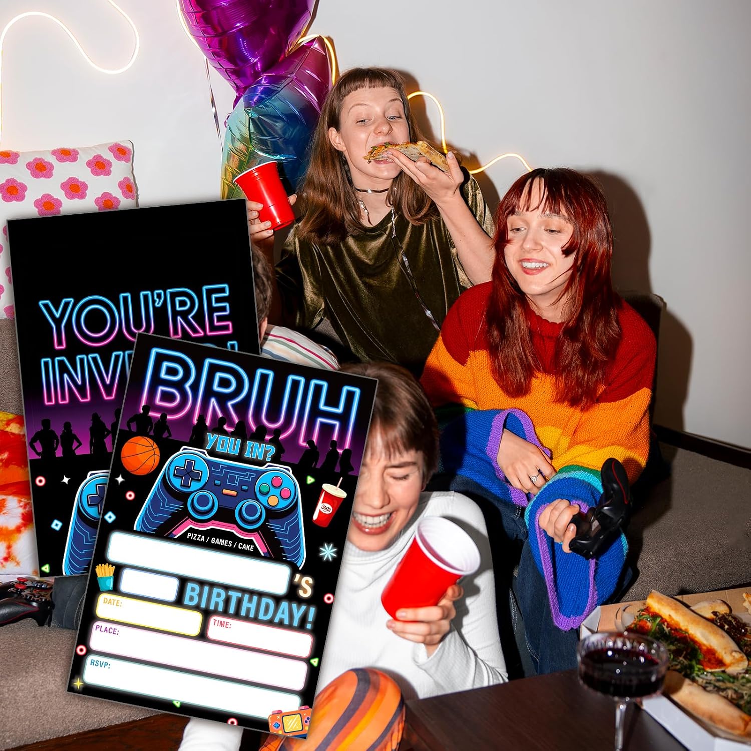 Bruh Birthday Invitations for Boys, 20Pcs Video Game Gamer Fill In Invitation Cards with Envelopes, Double Sided Neon You're Invited Cards for Kids Teen Birthday Party Supplies (4x6 inch)