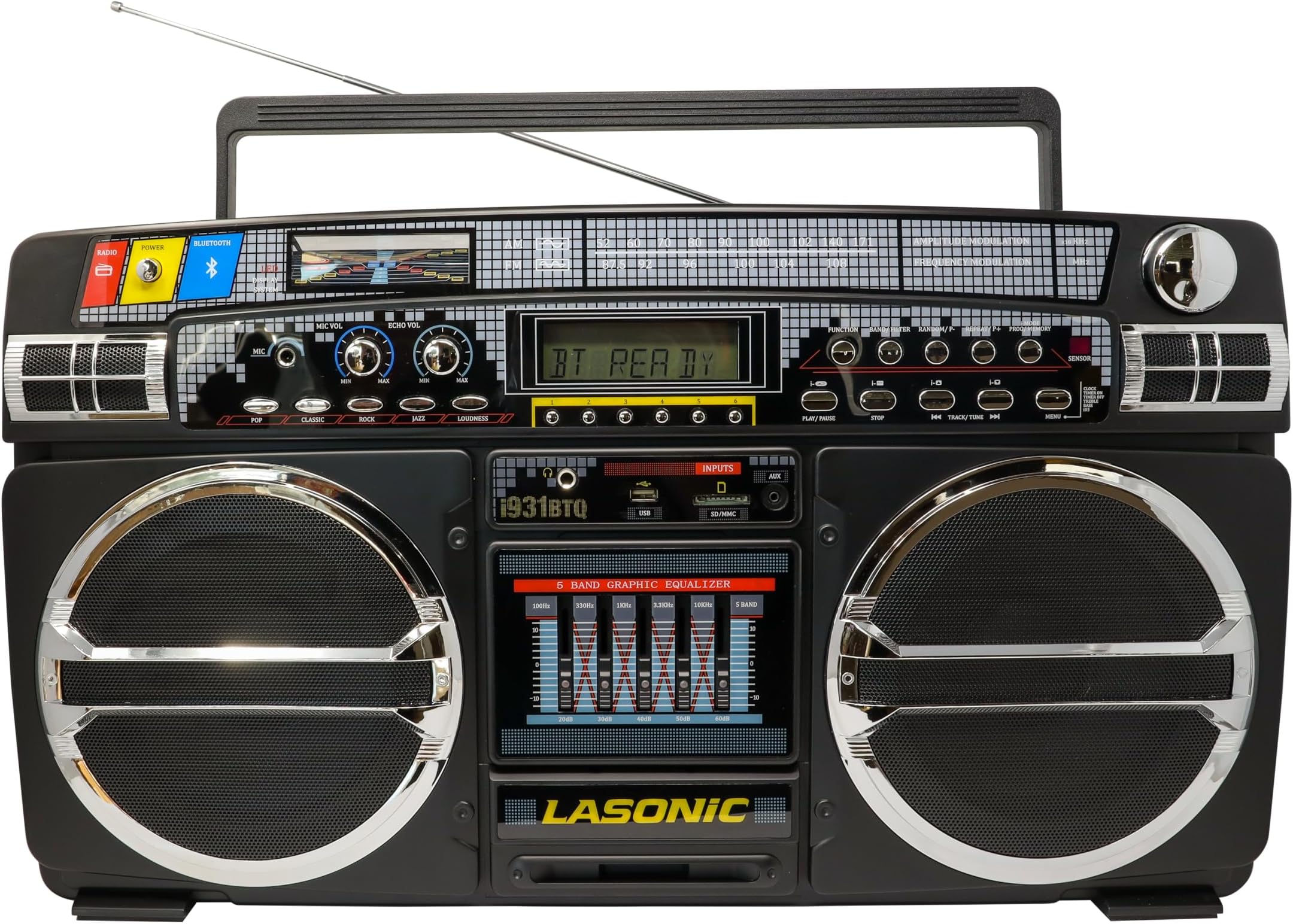 Lasonic i-931BT BoomBox BLUETOOTH AM/FM EQ USB SD AUX w/Remote Built-In Battery - Black