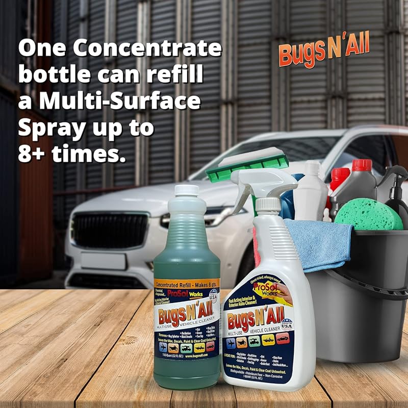 Bugs N’ All Multipurpose Car Cleaner & Degreaser - Bug & Tar Remover Concentrate 32 oz - Exterior Cleaner Safe for Car Paint, Metal, Chrome, Aluminum, Windows & Mirrors - w/Free 32 oz Spray Bottle Multi-Surface Car Cleaner 32 oz