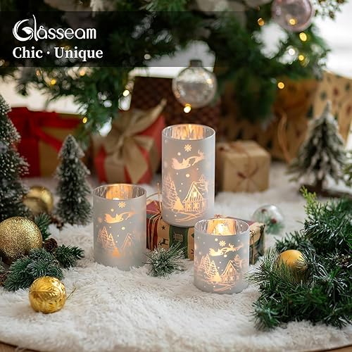 Miniatura 2 de Glasseam Candelabro de huracán de Navidad 3 piezas de candelabros de cristal plateado para centro de mesa, jarrones flotantes decorativos para velas
