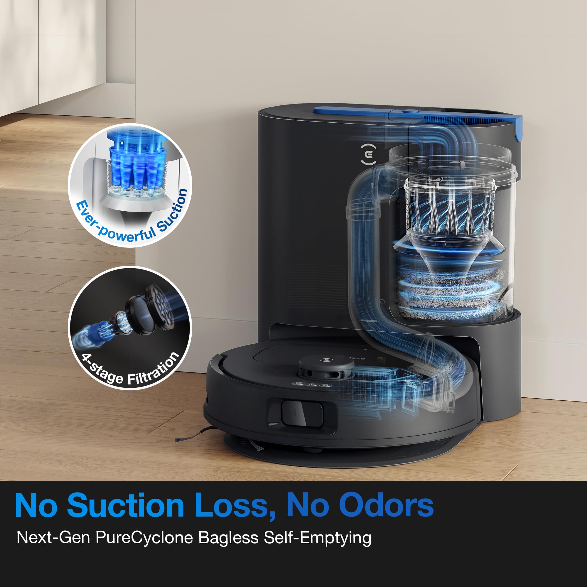 ECOVACS DEEBOT N20e Plus Robot aspirateur et serpillère, avec station de vidange automatique sans sac, aspiration puissante de 10 000 Pa, technologie anti-nœuds, capacité de 45 jours, autonomie de 300