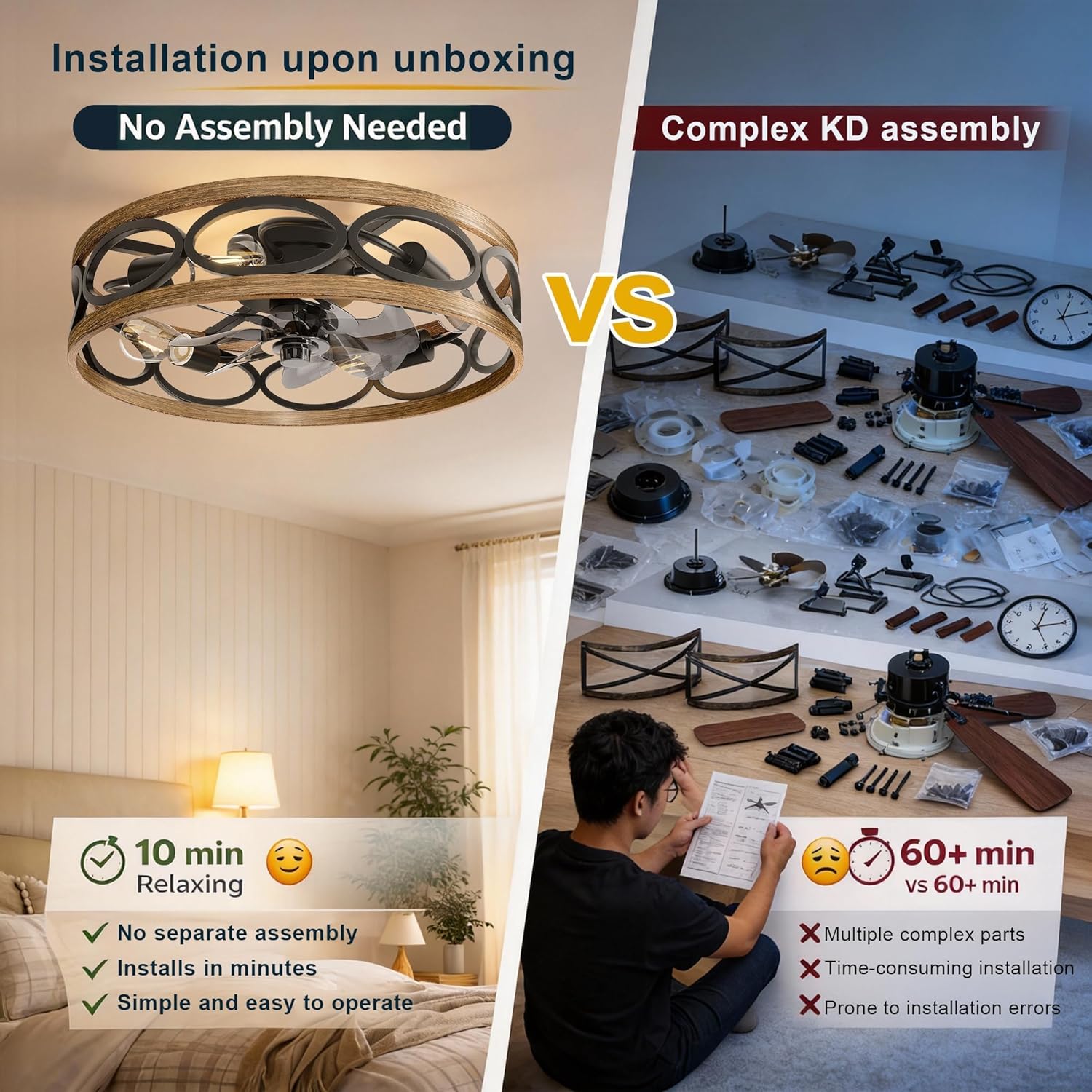 G-SAFAVA 20" Ceiling Fans with Lights and Remote, 6 Wind Speeds 3 Timing Quiet Flush Mount Low Profile Caged Ceiling Fan for Bedroom Living Room Kitchen, Farmhouse Reversible Ceiling Fan, Wood Grain