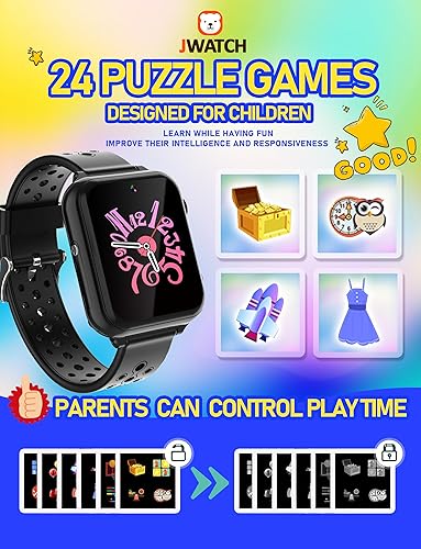 Miniatura 2 de Jwatch Reloj inteligente para niños con 10 historias, 24 juegos de rompecabezas, podómetro, regalo para cumpleaños y Navidad (negro)