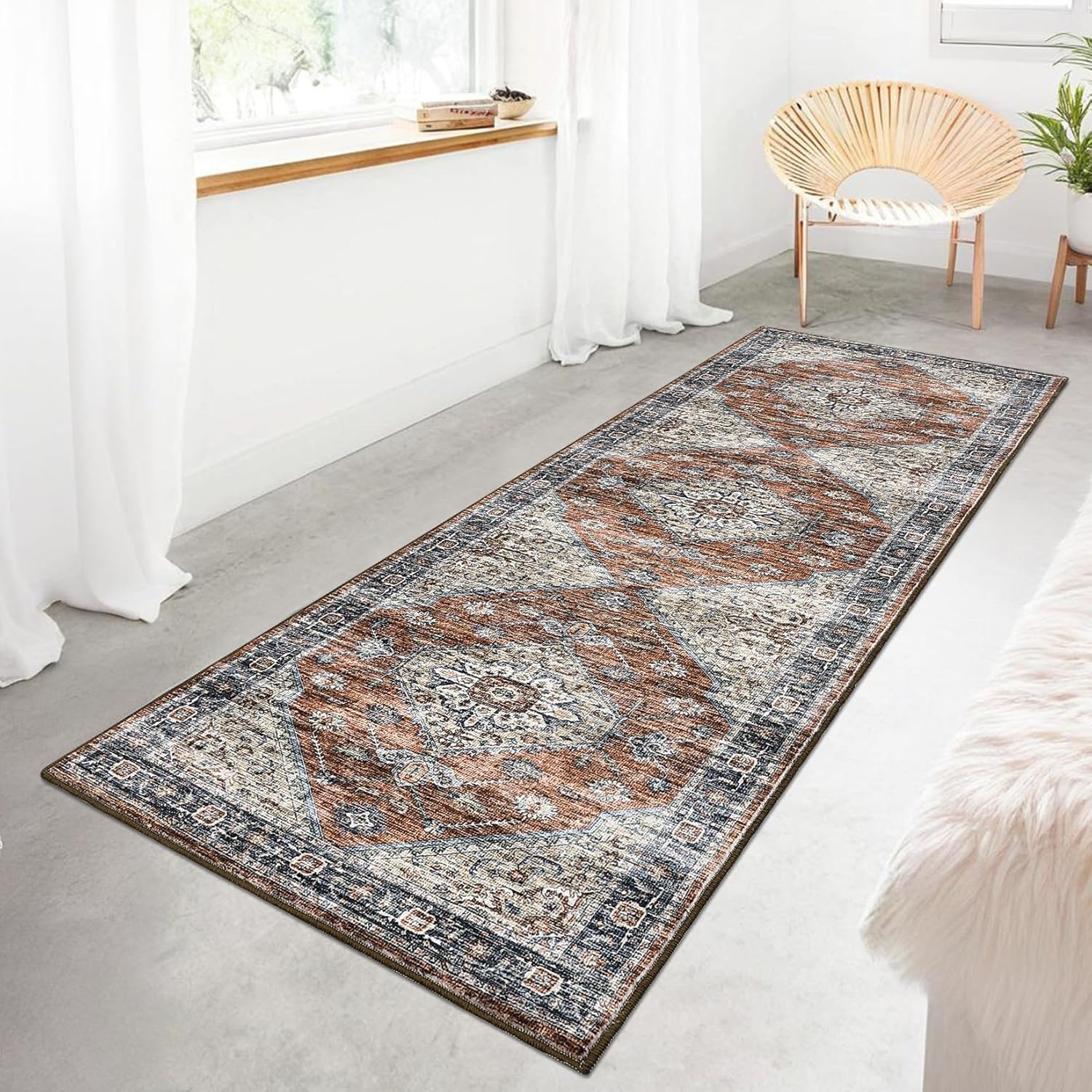 GarveeHome Washable Runner Rug for Hallways 2x6 Vintage Floral Rug Retro Accent Kitchen Runner Soft Non Slip Carpet for Laundry, Bathroom, Bedroom, Red