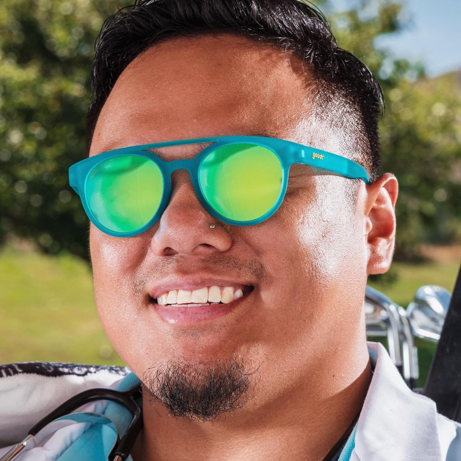 goodr Dr. Ray, Sting Polarized Sunglasses, Medium Sized (PHG), Blue Solid Frames with Aqua Blue Mirrored Reflective Lenses, UV400 Protection, No Slip, No Bounce